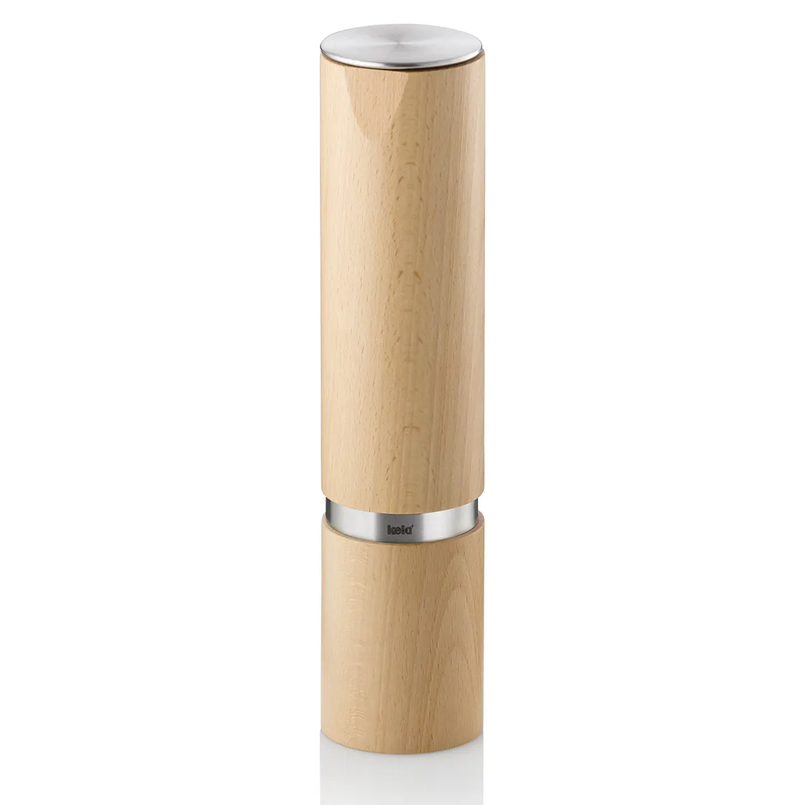 Kela Holz Pfeffermühle mit Edelstahl - Gewürzmühle Küchenzubehör Kela Pfeffermühle aus hellem Holz mit Edelstahl-Akzenten, zylindrische Form auf weißem Hintergrund