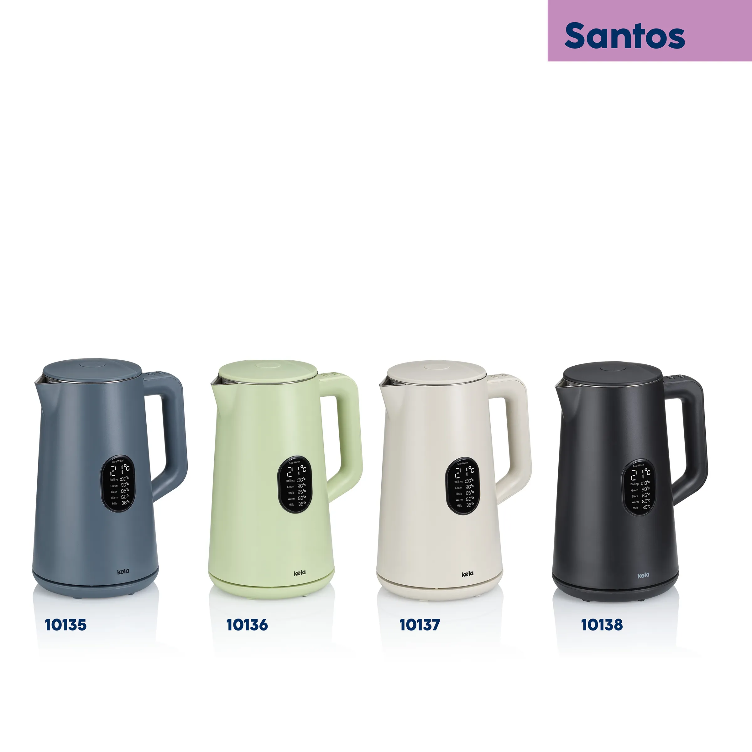 Santos Wasserkocher - Digitale Elektrokessel in 4 Farben Vier Santos-Wasserkocher in verschiedenen Farben (Blau, Grün, Creme, Schwarz) mit digitalen Displays und Modellnummern.