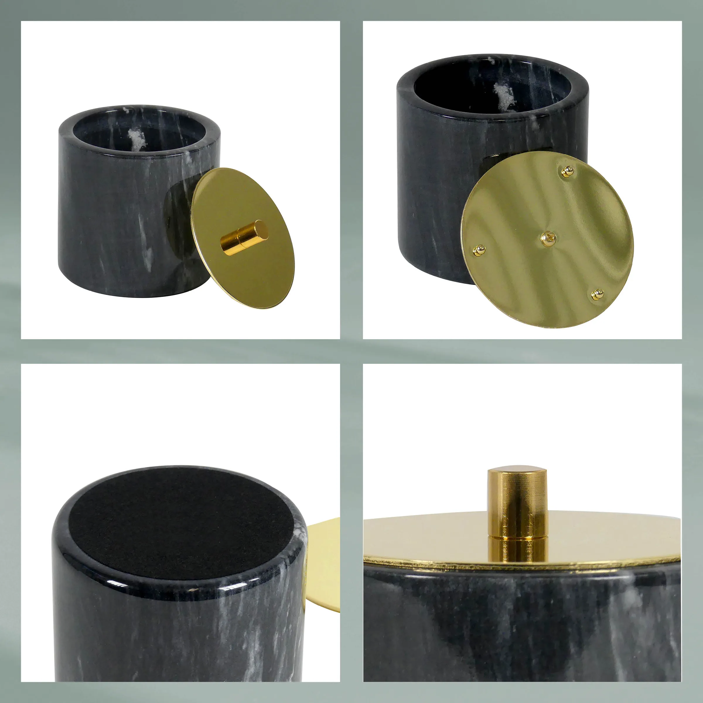 Marmordose mit Messingdeckel - Schwarze Aufbewahrungsdose mit goldenem Deckel Schwarze Marmordose mit goldenem Messingdeckel in verschiedenen Ansichten, Detail des Deckelverschlusses