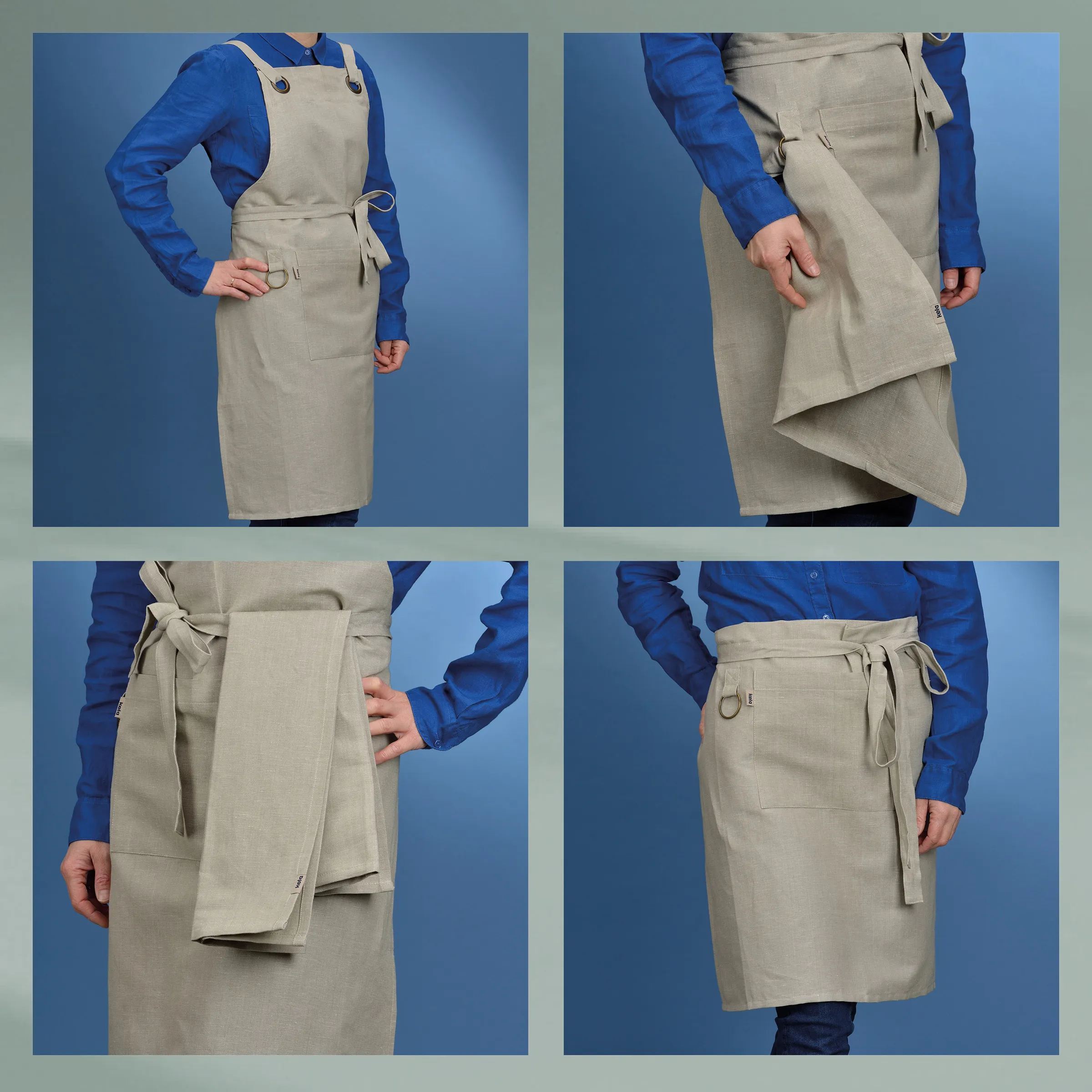 Küchenschürze Beige mit Taschen und Bändern Beige Schürze mit Taschen und Verschlussbändern, getragen über blauem Hemd, vier Ansichten