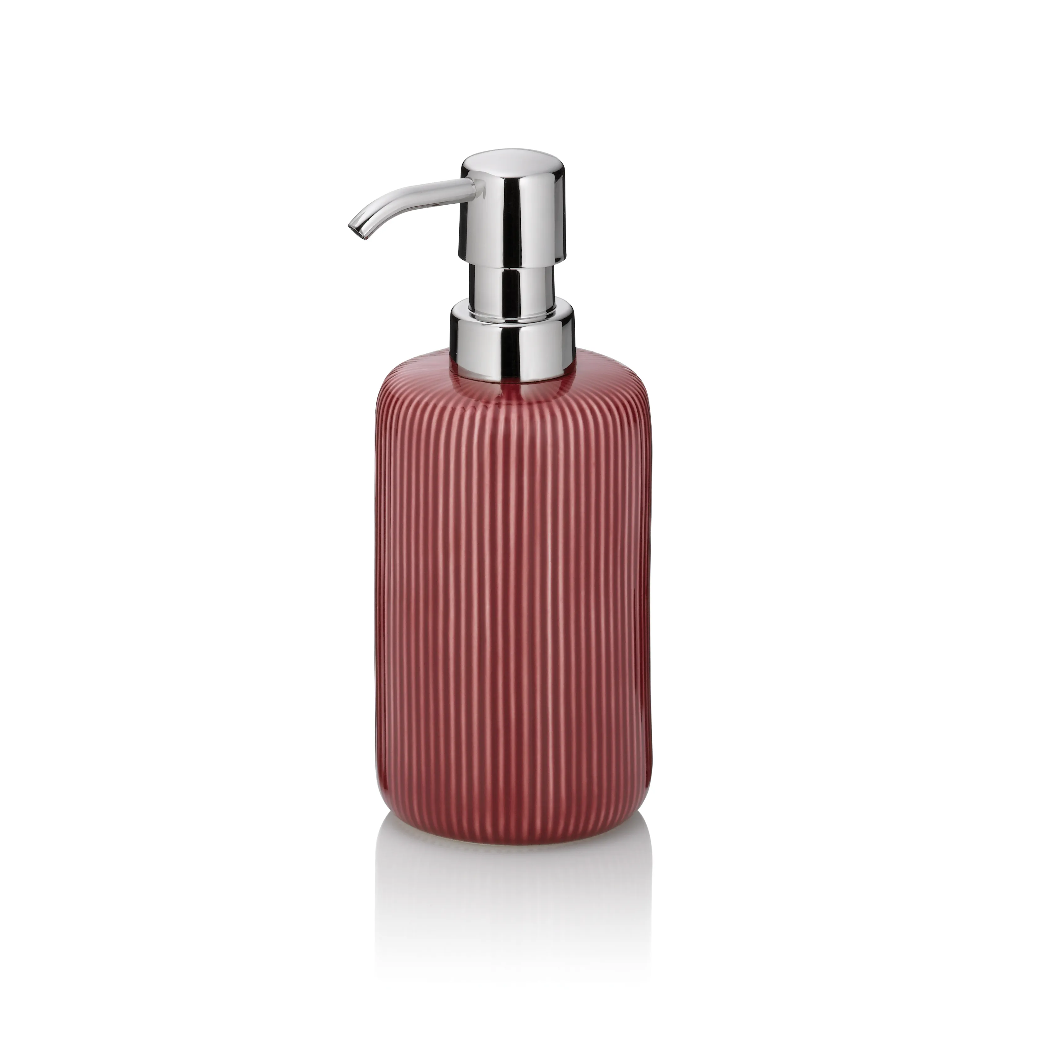 Seifenspender Rosa - Liquid Soap Dispenser Rosafarbener Seifenspender mit vertikalen Rillen und glänzendem Chromdeckel mit Pumpenaufsatz