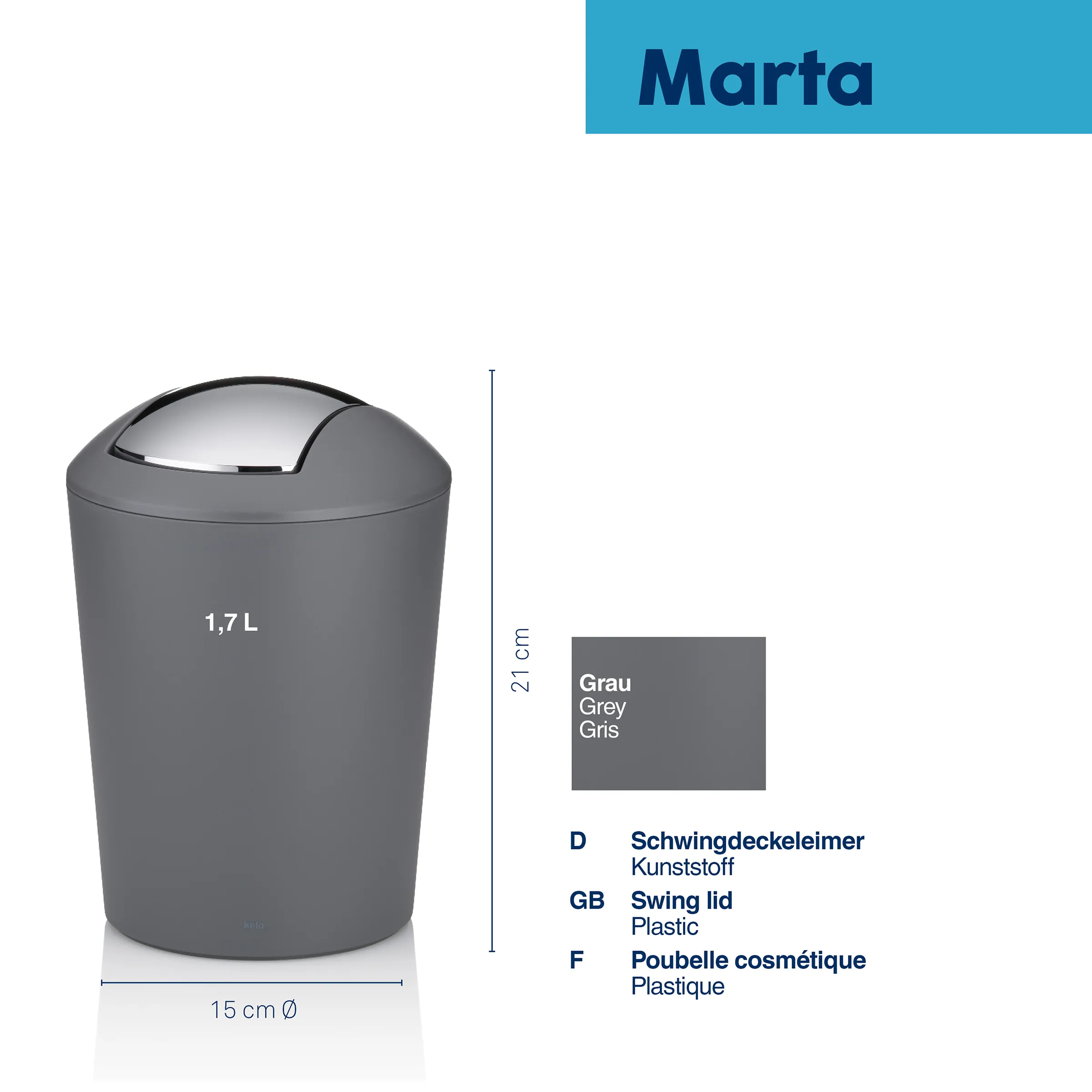 Marta Kosmetikeimer Grau 1,7L - Schwingdeckel Mülleimer Badezimmer Grauer Marta Kosmetikeimer mit Schwingdeckel, 1,7 L Volumen, 21 cm Höhe, 15 cm Durchmesser, aus Kunststoff