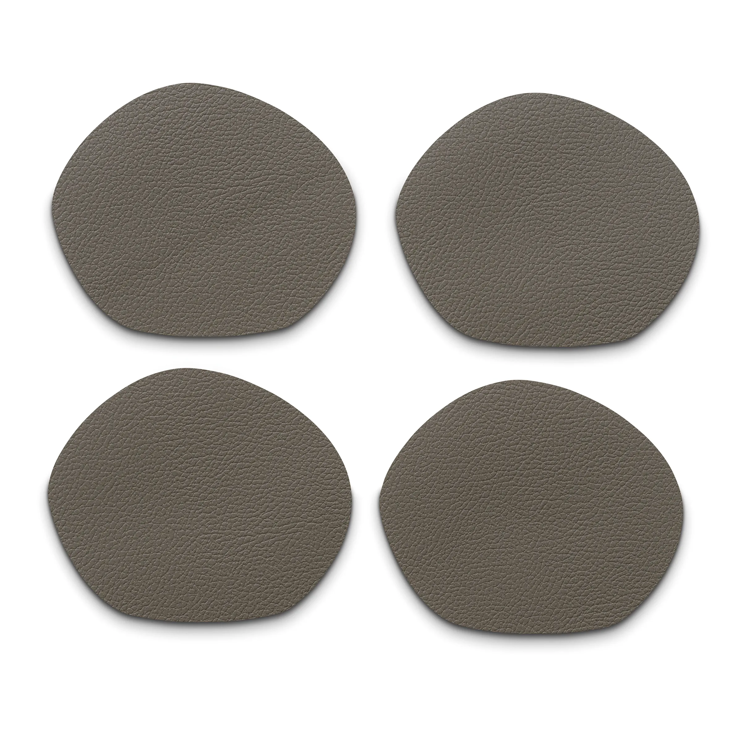 Leder-Untersetzer rund Taupe Set 4-teilig Tischuntersetzer Glasuntersetzer Vier runde Leder-Untersetzer in Taupe auf weißem Hintergrund