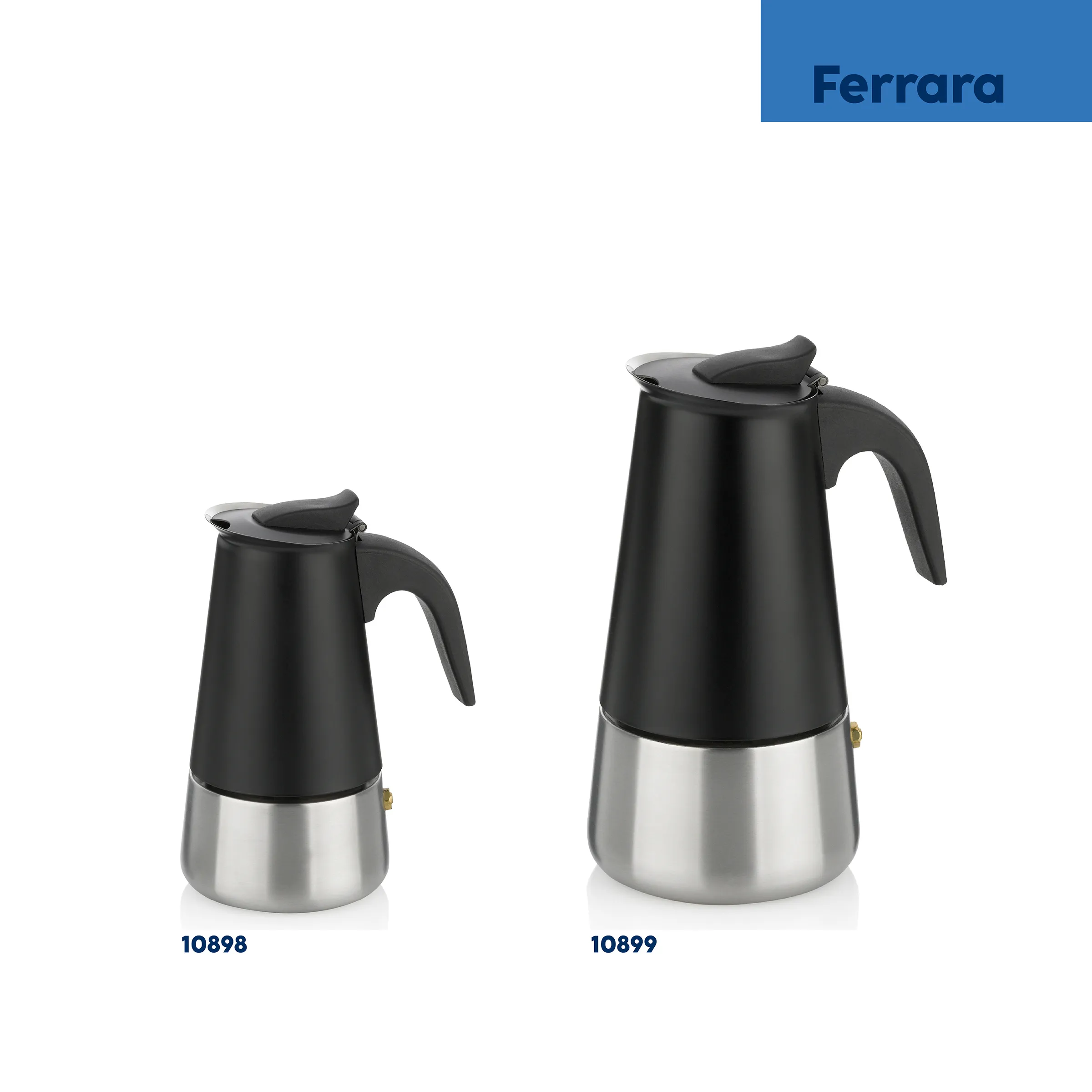Ferrara Espressokocher - Moka Pot in zwei Größen Zwei Ferrara Espressokochern in verschiedenen Größen mit schwarzem Kunststoffoberteil und silbernem Edelstahlunterteil nebeneinander angeordnet.