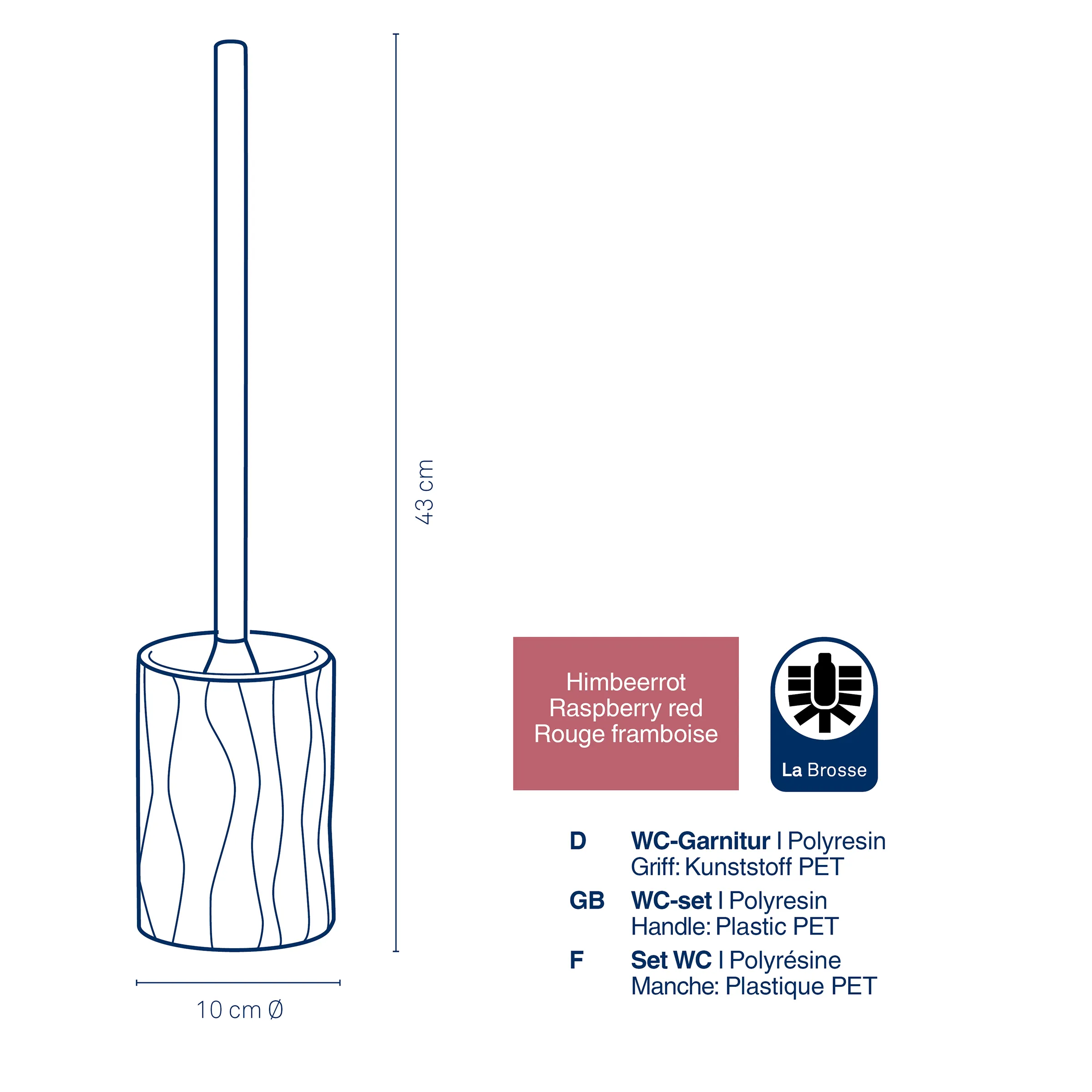 WC-Garnitur Himbeerrot Polyresin - La Brosse Toilettenbürste 48cm WC-Garnitur La Brosse, 48 cm hoch, himbeerrot, Polyresin mit strukturiertem Holzdesign und weißen Linien