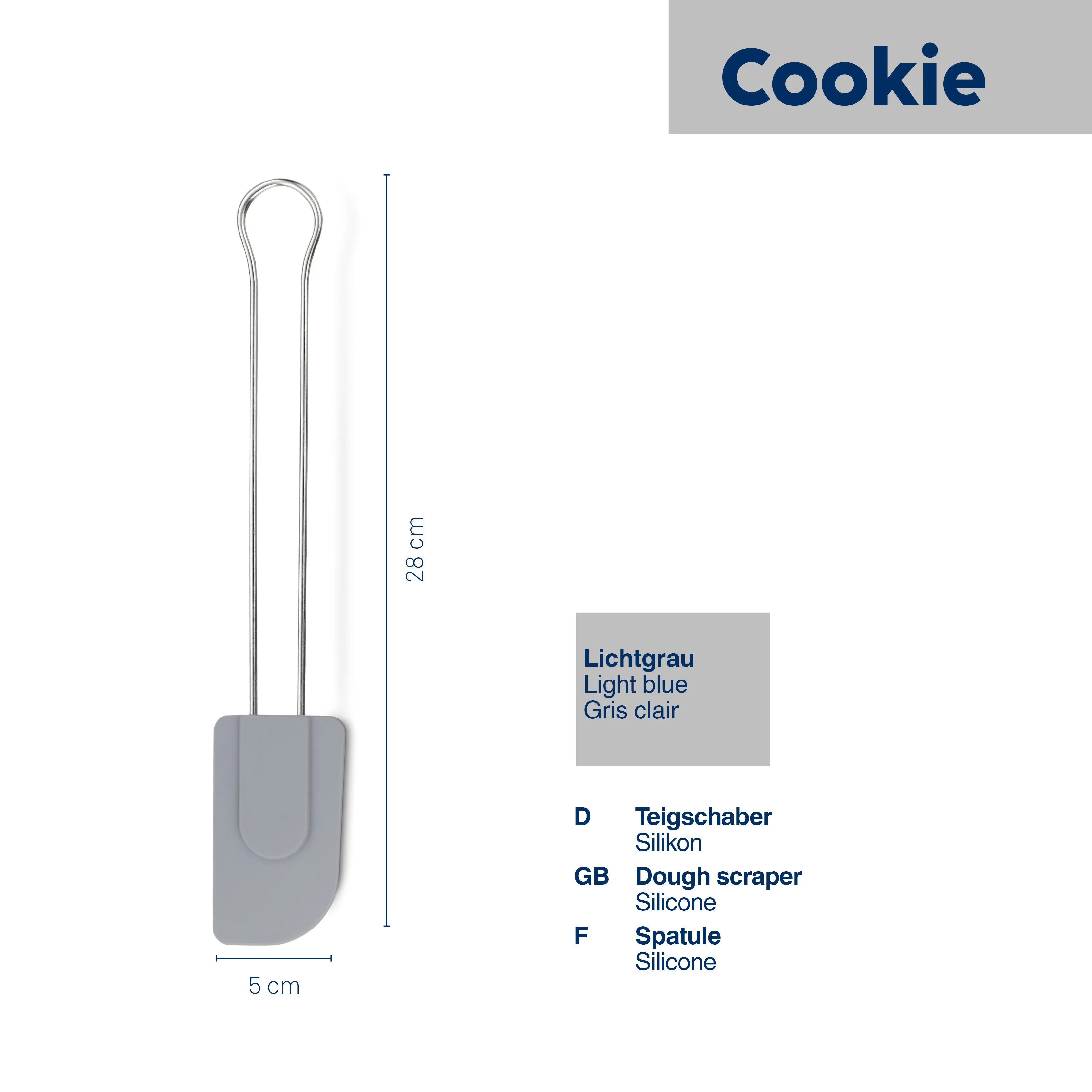 Hellgraue Silikon-Teigschaber Cookie mit zwei langen Stielen, 28 cm Höhe und 5 cm Breite, Messlineal daneben.