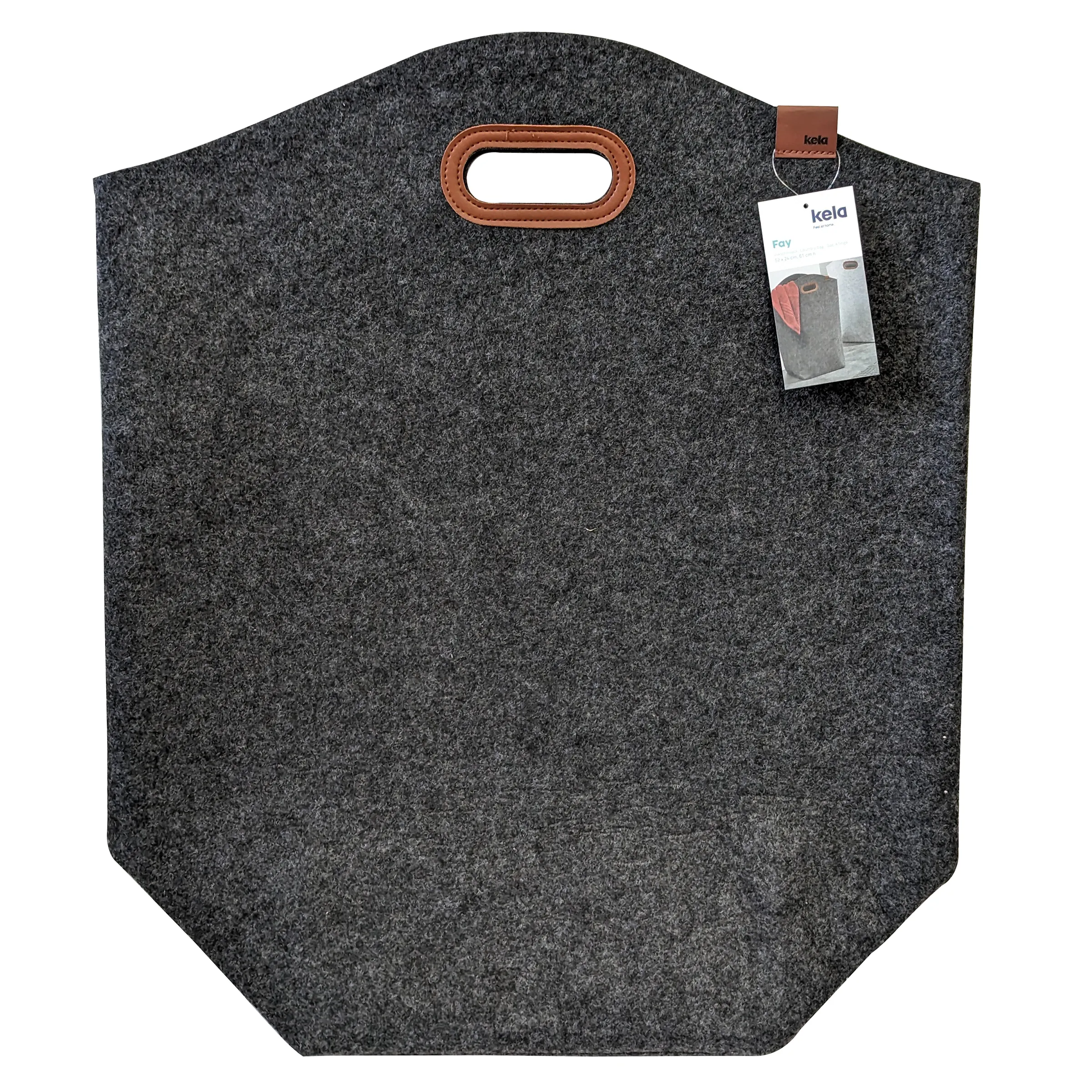 Filztasche mit Ledergriff - Moderne Aufbewahrungstasche Dunkelgraue Filztasche mit braunem Ledergriff und Kela-Etikett, ideal zur Aufbewahrung und zum Transport