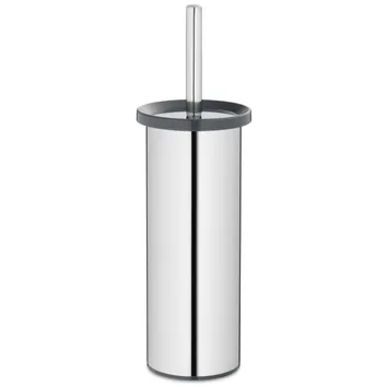 Moderne Toilettenbürste aus glänzendem Edelstahl mit schwarzem Griff und Behälter, freigestellt auf weißem Hintergrund.