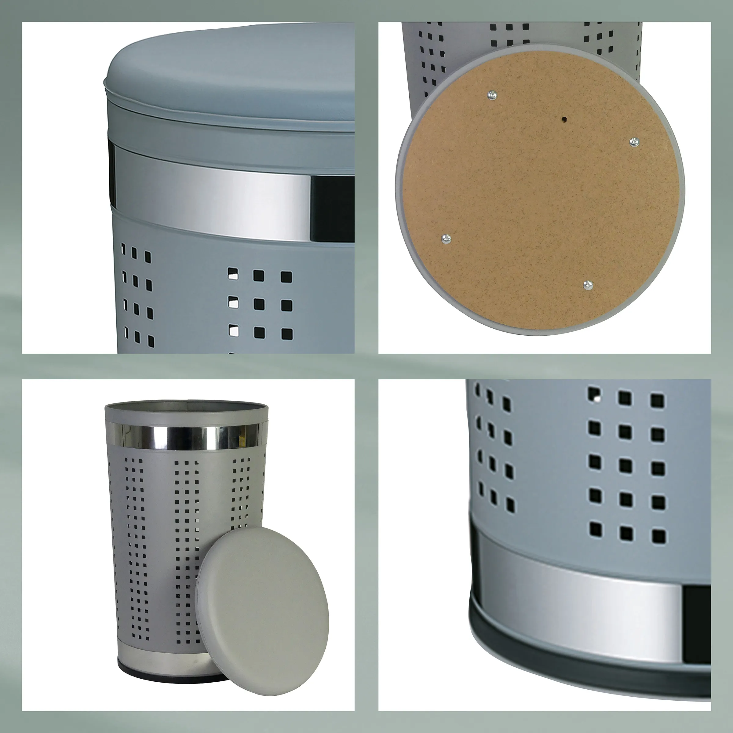 Wäschekorb mit Deckel - modernes Aufbewahrungssystem Grauer Wäschekorb mit perforiertem Design, Metallring und abnehmbarem Deckel aus Kork in vier Ansichten