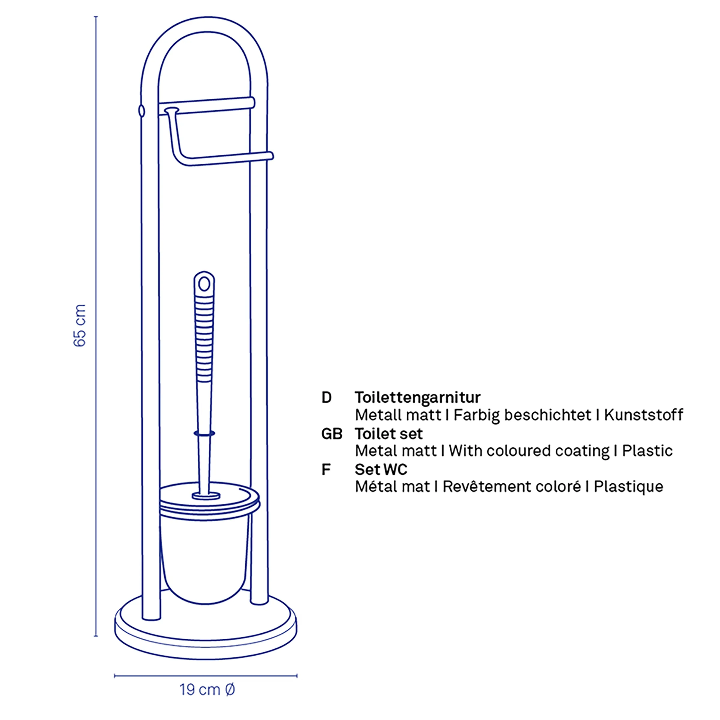 Toilettengarnitur Metall matt - WC Garnitur 65 cm Technische Zeichnung einer Toilettengarnitur mit Bürste und Behälter, 65 cm Höhe, 19 cm Durchmesser, Metall matt.