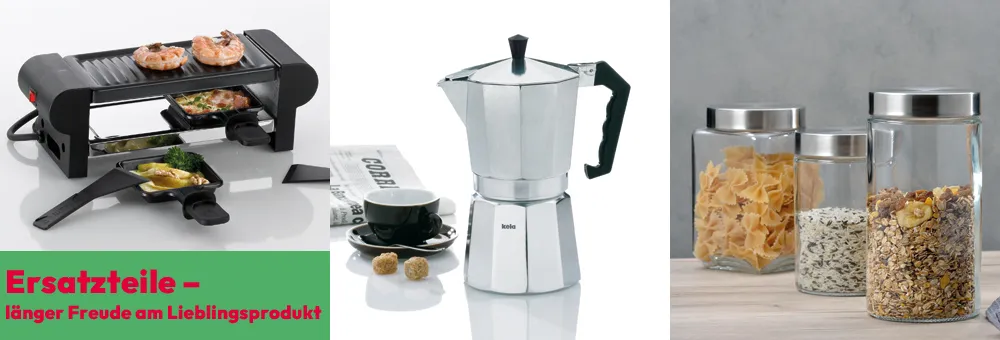 Ersatzteile Küchengeräte: Raclette-Grill, Espressokocher, Vorratsbehälter Raclette-Grill mit Pfännchen, Moka-Kanne und Aufbewahrungsbehälter aus Glas mit Müsli und Cerealien.
