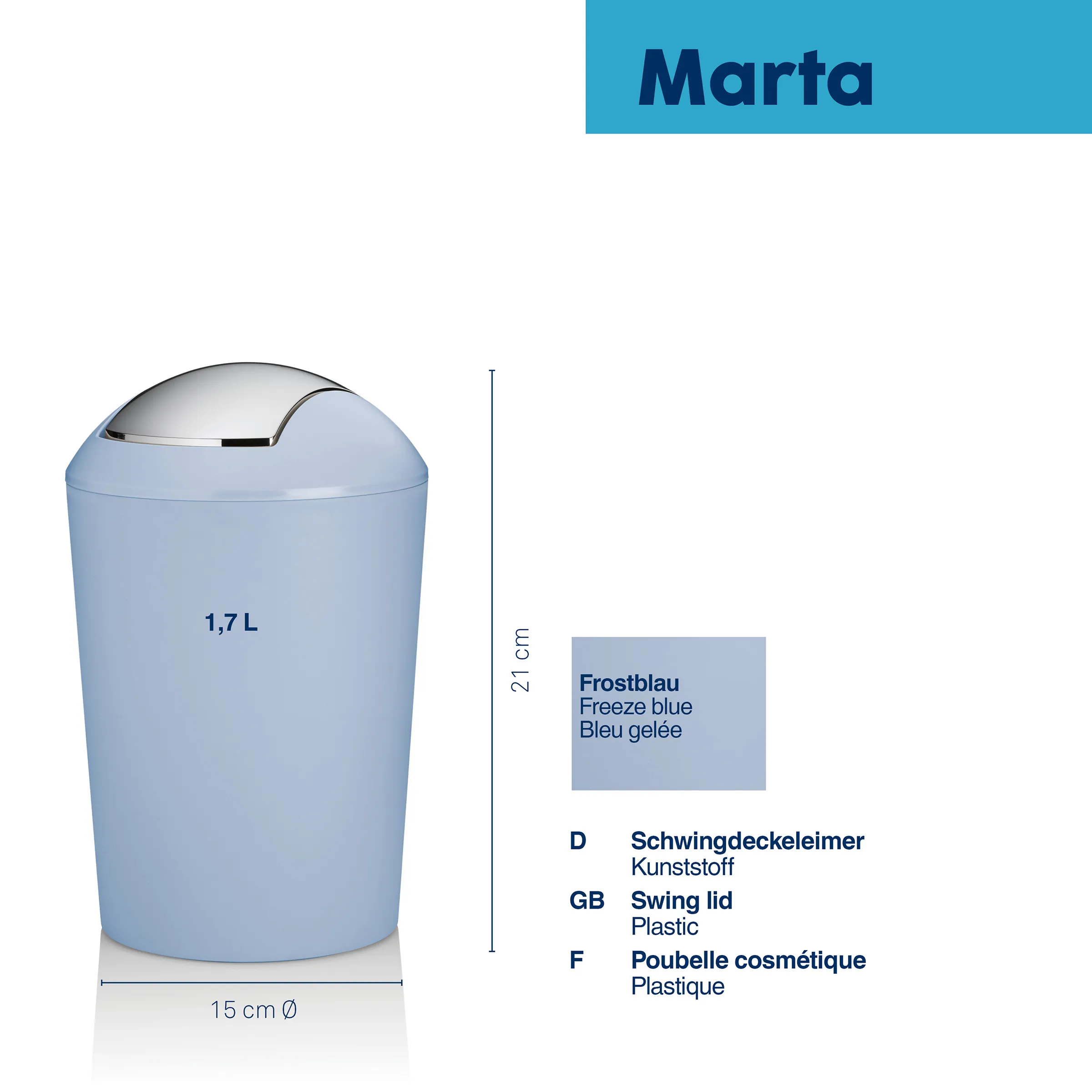 Windeleimer Marta Frostblau - Kunststoff Windeleimer mit Swing-Deckel Blauer Windeleimer Marta mit Schwingdeckel, 1,7 Liter Fassungsvermögen, 21 cm Höhe und 15 cm Durchmesser