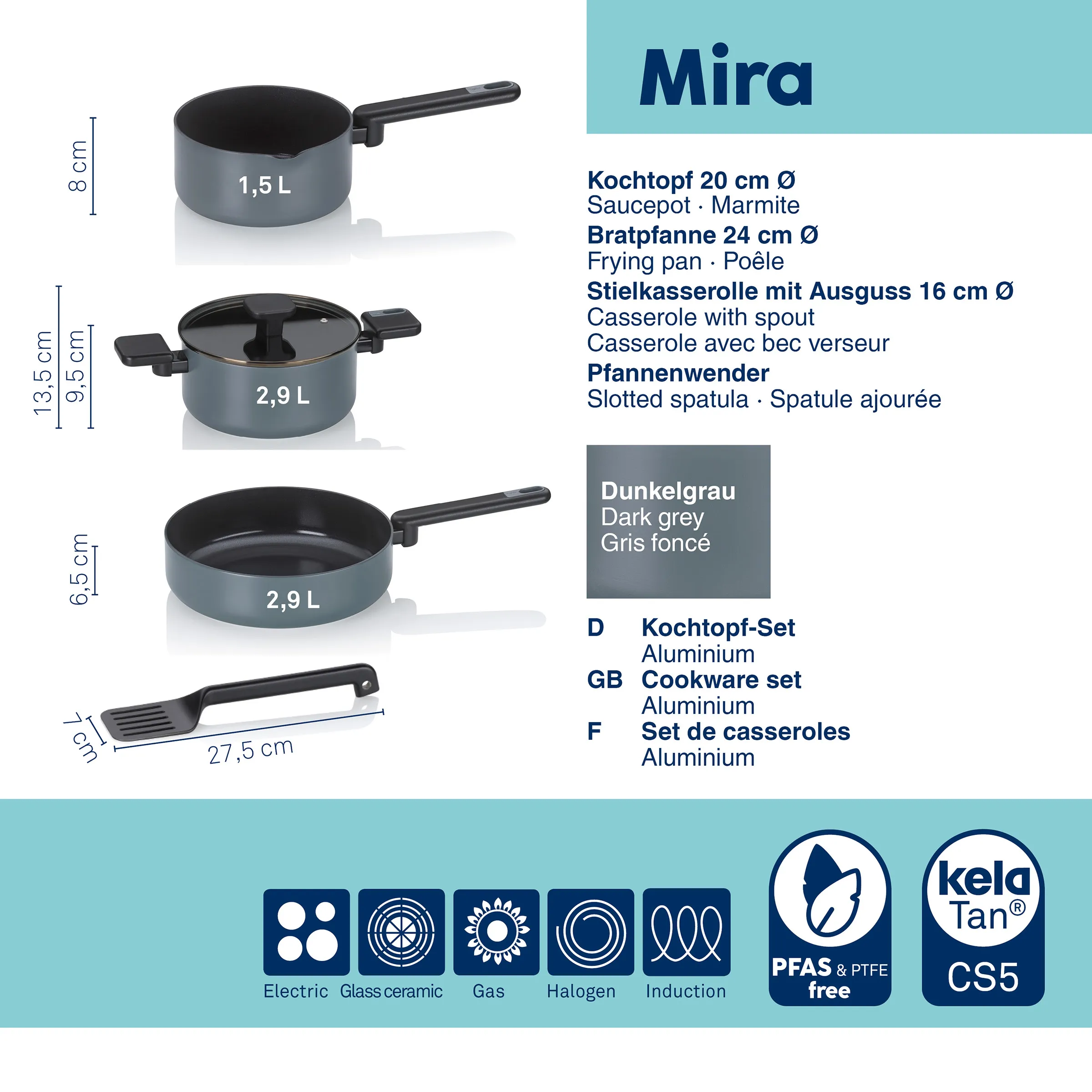Mira Aluminium Kochtopf-Set 5-teilig Dunkelgrau - Töpfe, Pfanne und Pfannenwender Mira Kochtopf-Set 5-teilig aus Aluminium in Dunkelgrau: Kochtopf, Bratpfanne, Kasserole mit Deckel, Pfannenwender