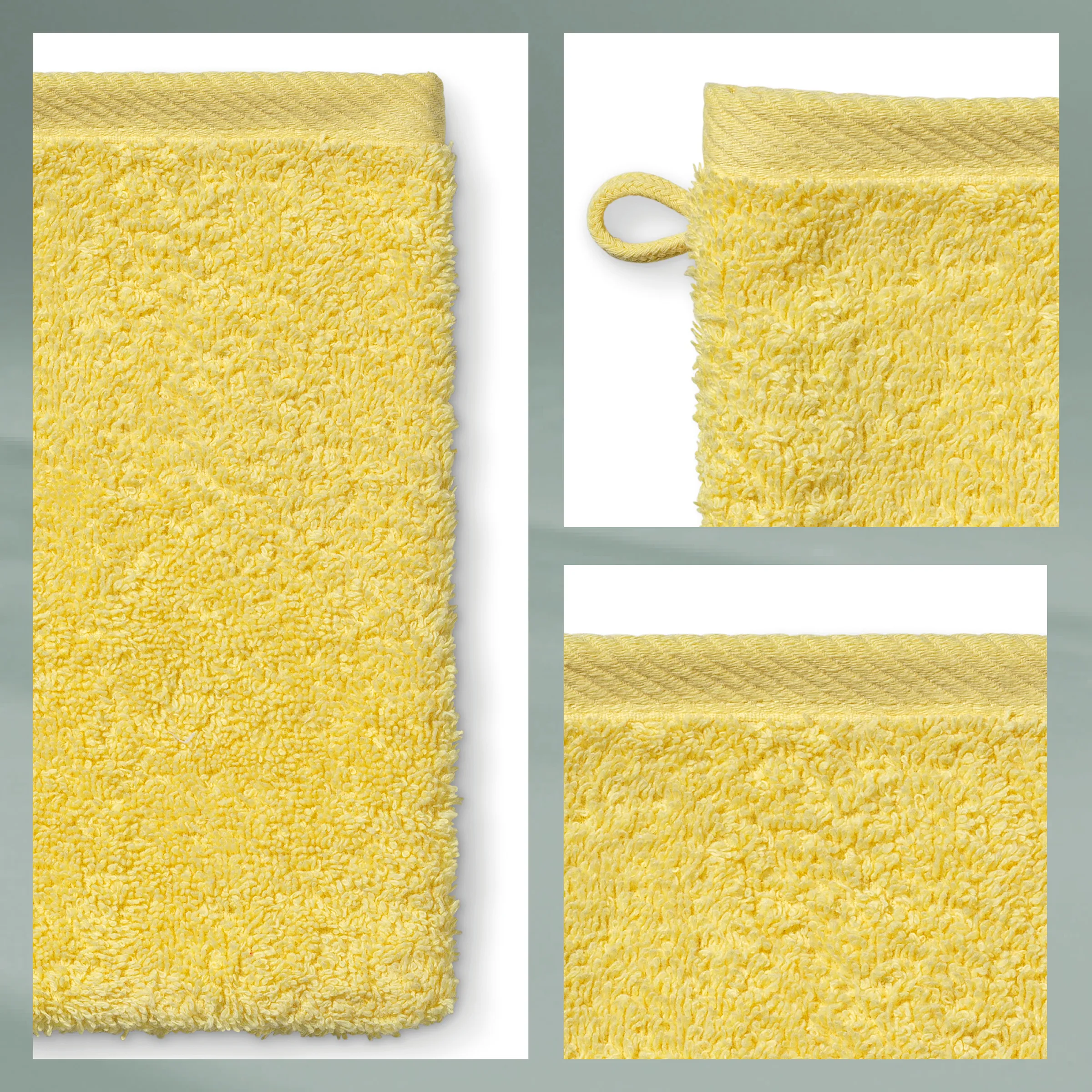 Gelber Frottee-Waschlappen mit strukturierter Oberfläche, gebodenband oben und Aufhängeschlaufe, Detailansichten der Textur und des Bandes.