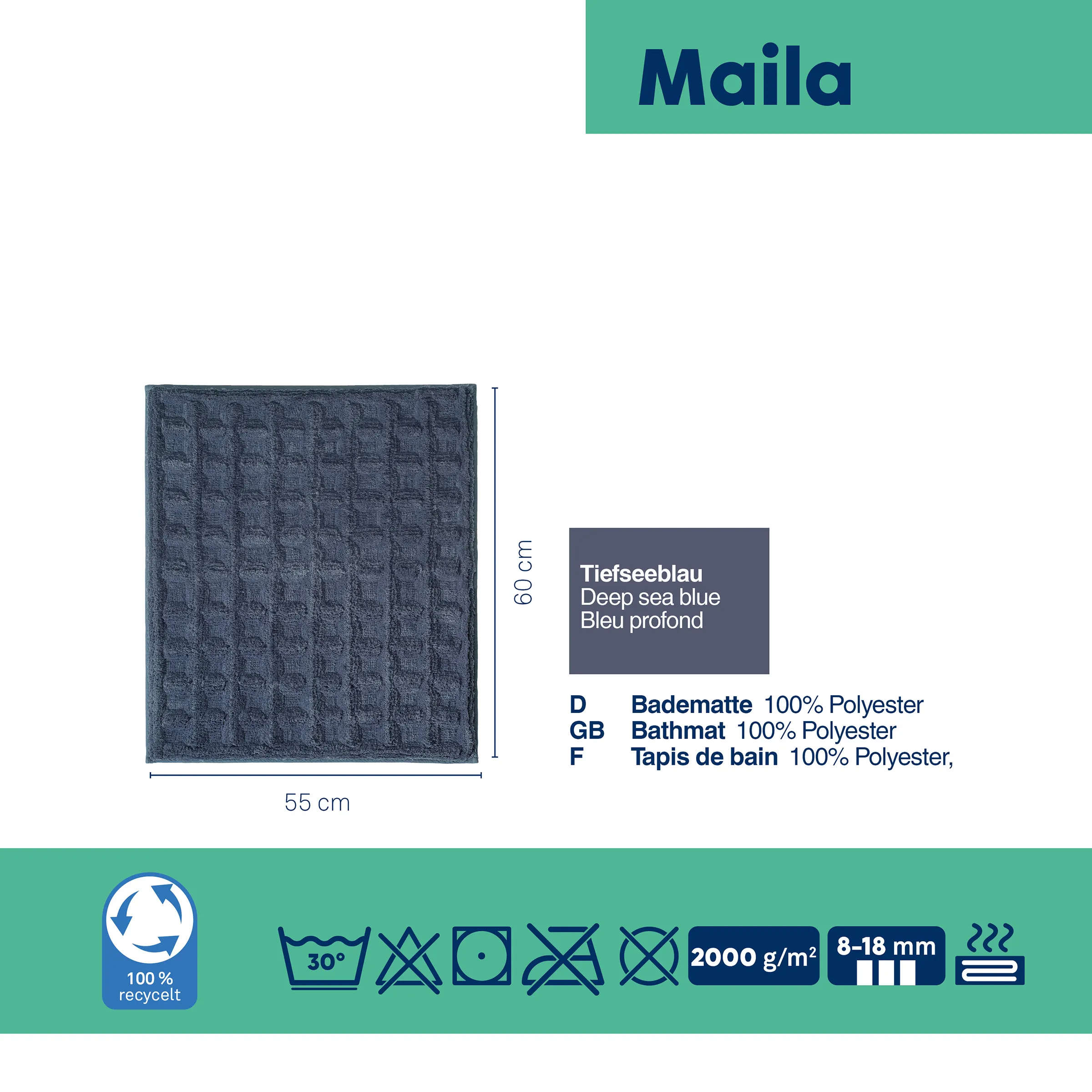 Badematte Tiefseblau 55x60 cm Polyester Tiefseeblaue Badematte aus 100% Polyester, 55 x 60 cm, mit strukturiertem Muster und Pflegeanleitung