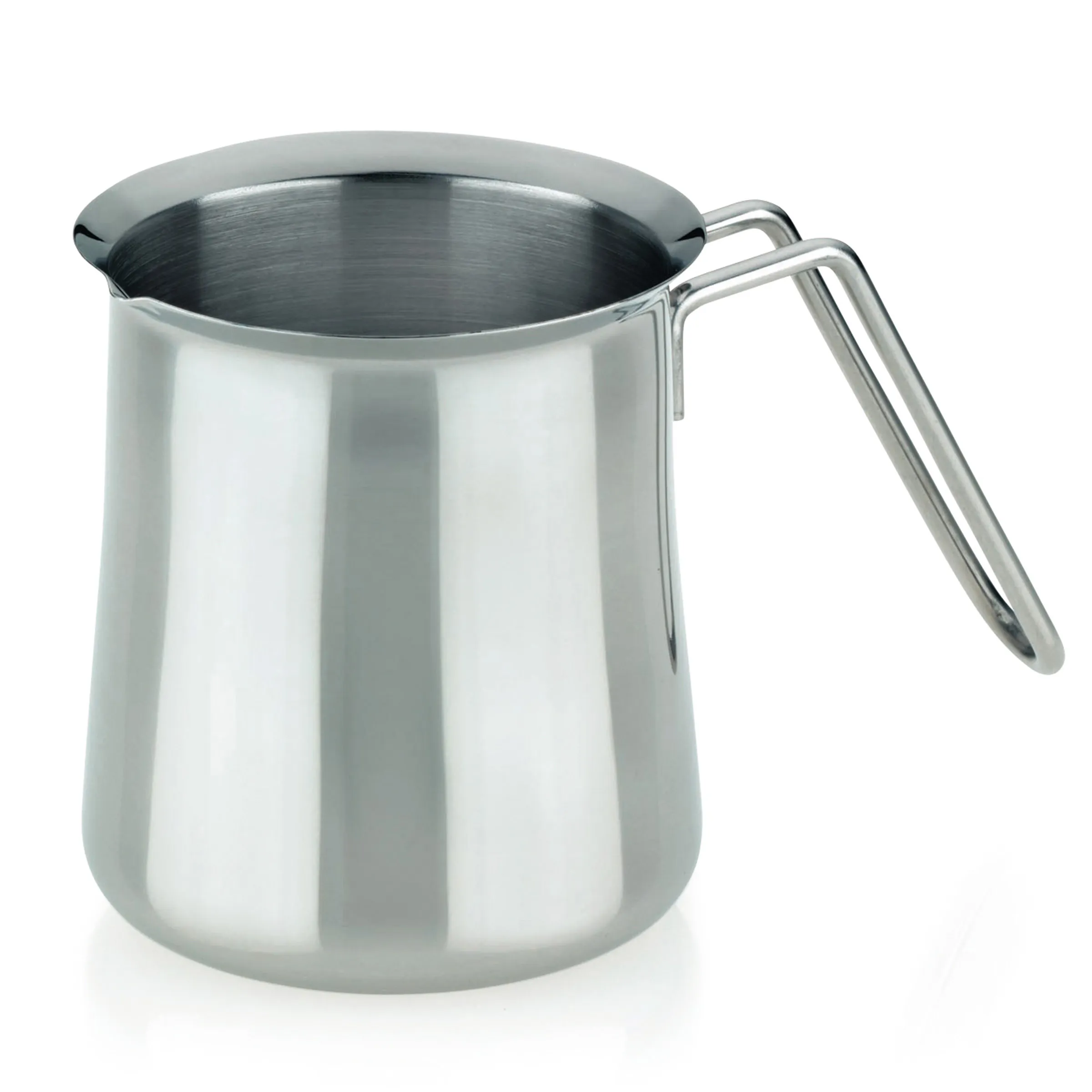 Edelstahl Becher mit Henkel - hochwertiges Serviergefäß Glänzender Edelstahlbecher mit Griff und breiter Öffnung, ideal zum Servieren von Getränken und Flüssigkeiten