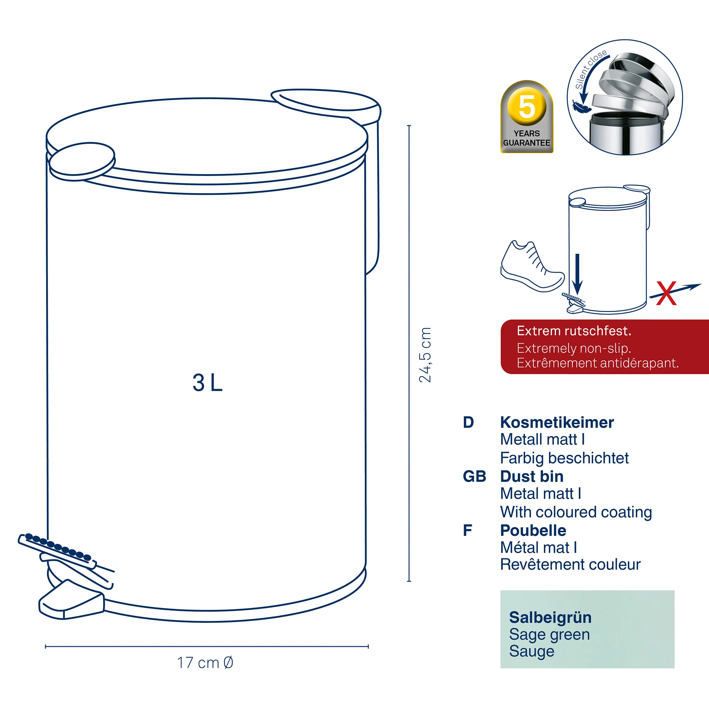 Zylindrischer 3-Liter-Kosmetikbehälter aus Metall mit Deckel, 17 cm Durchmesser, 24,5 cm Höhe, in Salbeigrün, extremer Rutschfestigkeit und 5 Jahren Garantie.