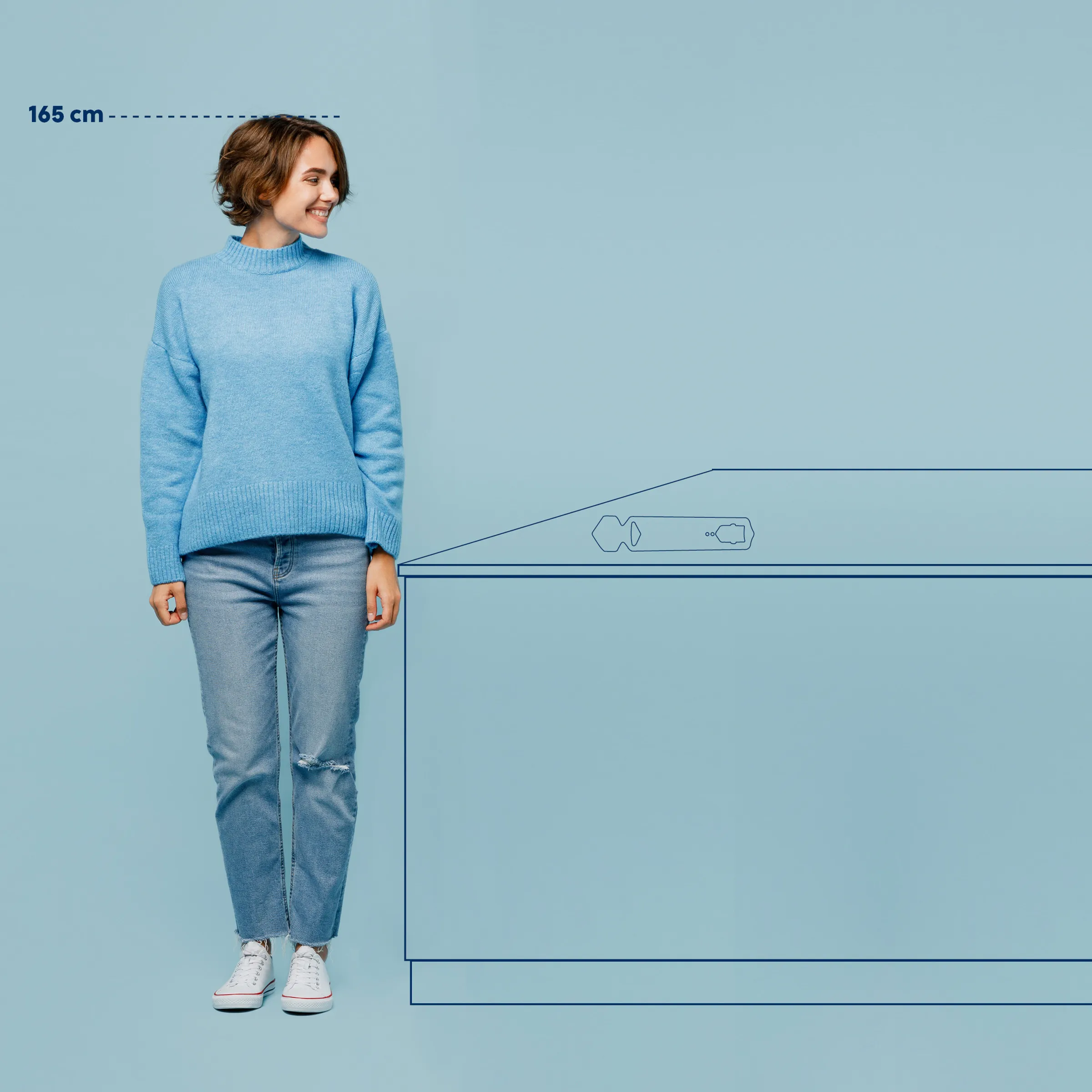 Größenvergleich Fahrzeug und Person - 165 cm Referenzhöhe Frau in blauem Pullover neben gezeichnetem Auto, Höhenskala zeigt 165 cm
