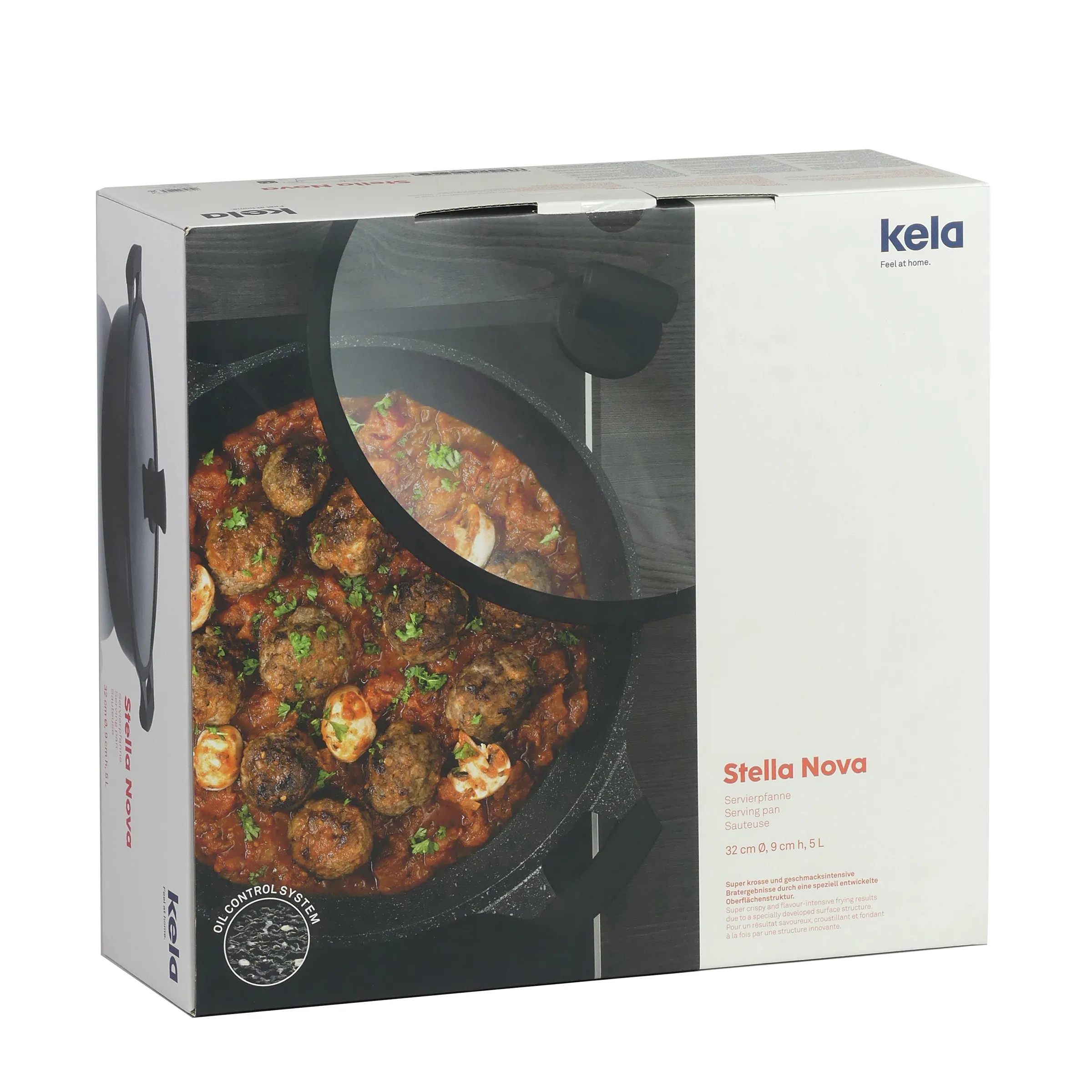 Kela Stella Nova Servierpfanne 32 cm - Gusseisenpfanne Kela Stella Nova Servierpfanne mit Fleischbällchen in Tomatensoße und Kräutern, 32 cm Durchmesser, 5 Liter Fassungsvermögen
