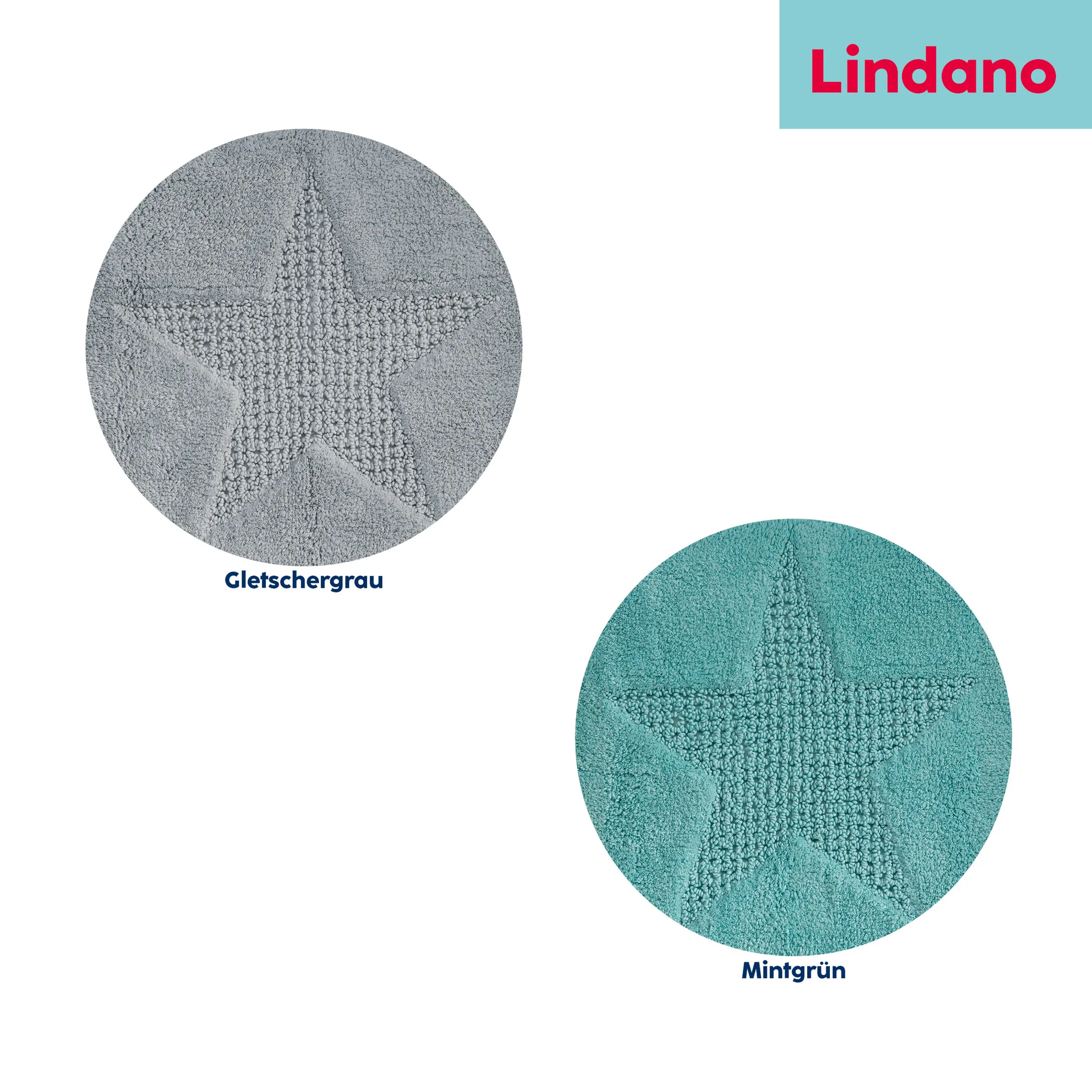 Lindano Badematten Seestern Gletschergrau Mintgrün Zwei runde Badematten von Lindano mit Seestern-Motiv in Gletschergrau und Mintgrün