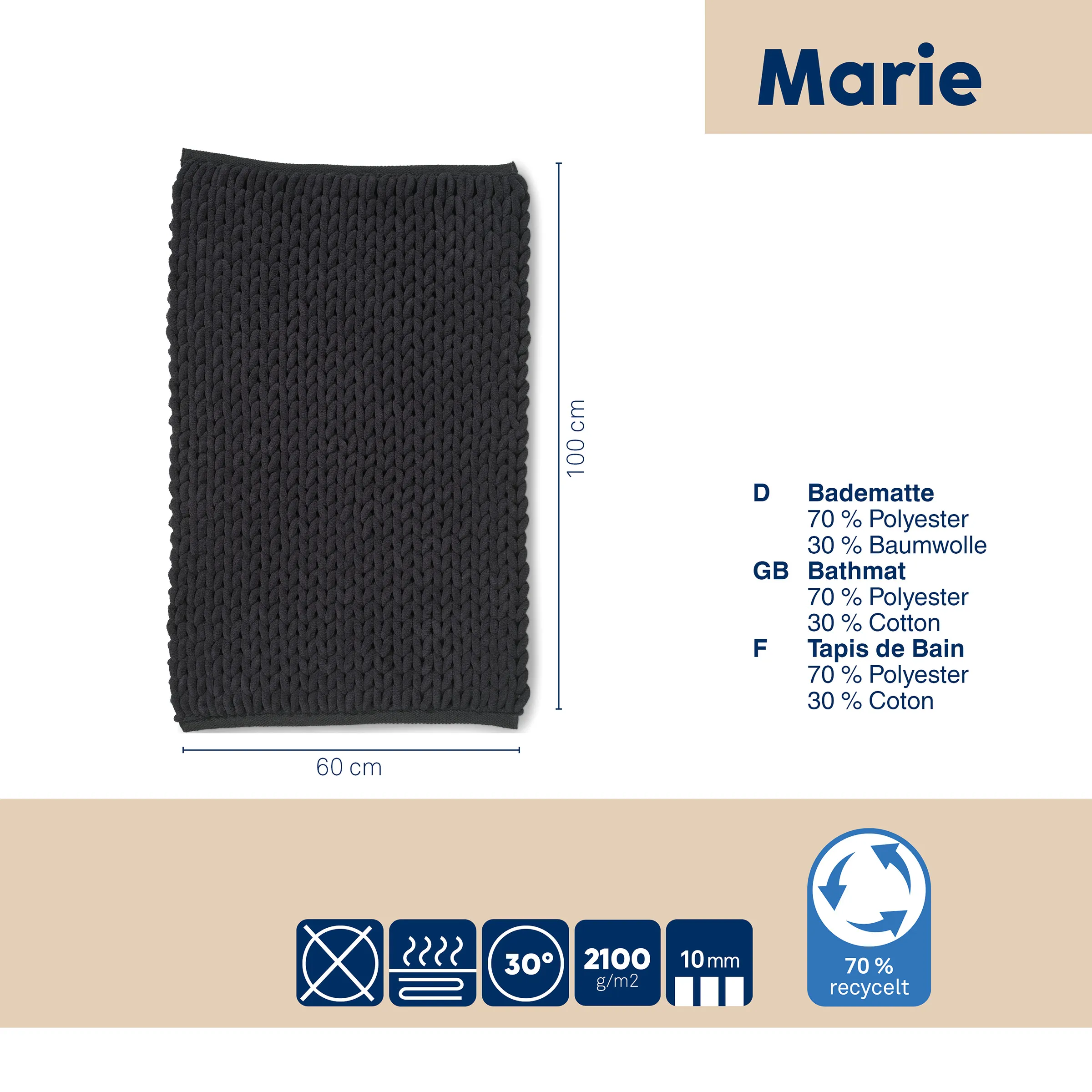 Marie Badematte schwarz 60x100cm - Badvorleger aus recyceltem Polyester Marie Badematte schwarz, 60x100 cm, gestrickte Struktur, 70% Polyester 30% Baumwolle, waschbar bei 30°