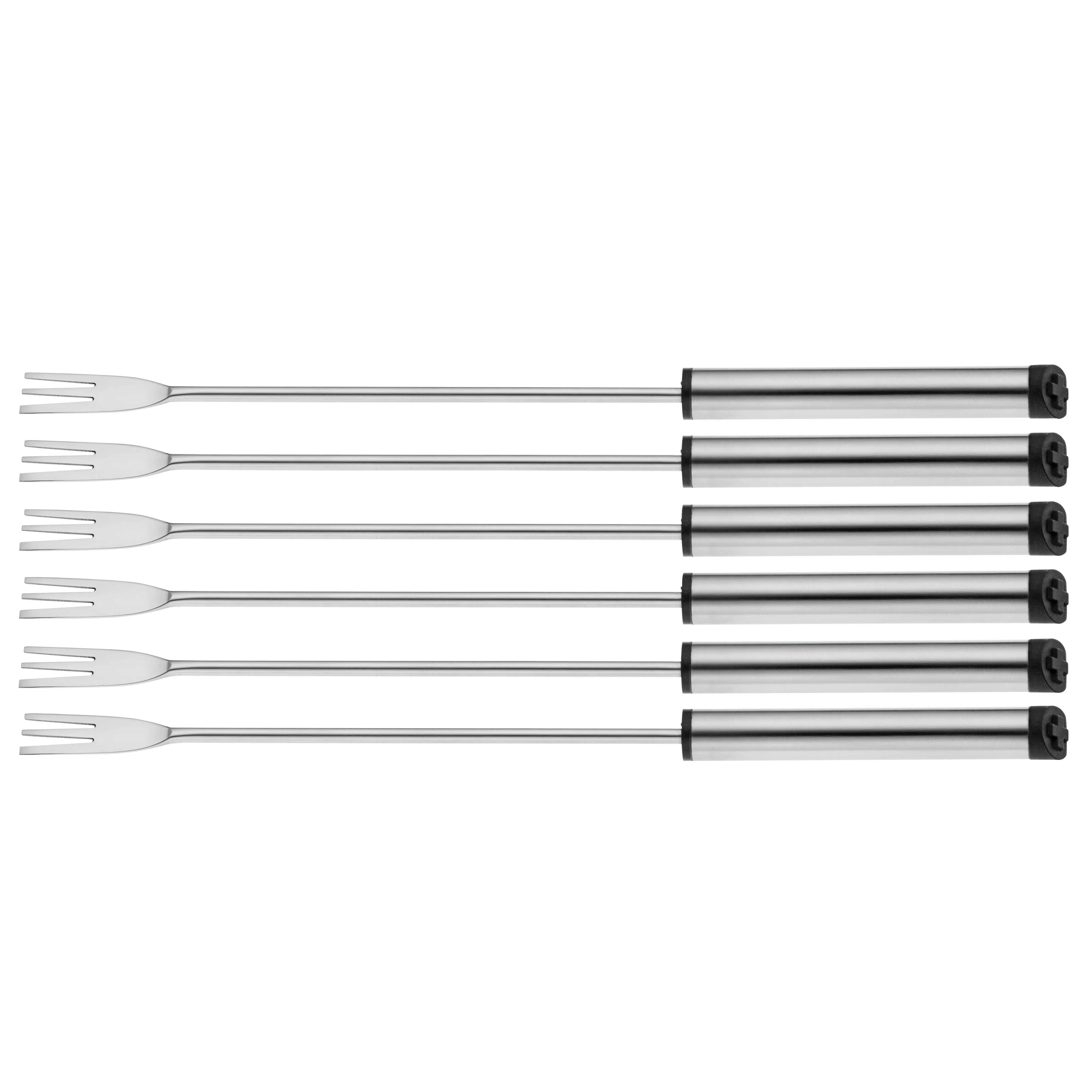 Set aus sechs Elektrogrill-Spießen mit Metallgabel und silbernem Griff mit schwarzer Kappe