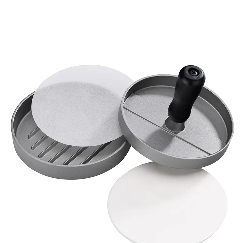 Burger-Presse Aluminium Patty Maker Aluminium-Burger-Presse mit weißem Parchmentpapier und schwarzem Griff, zum Formen von Fleischburgern