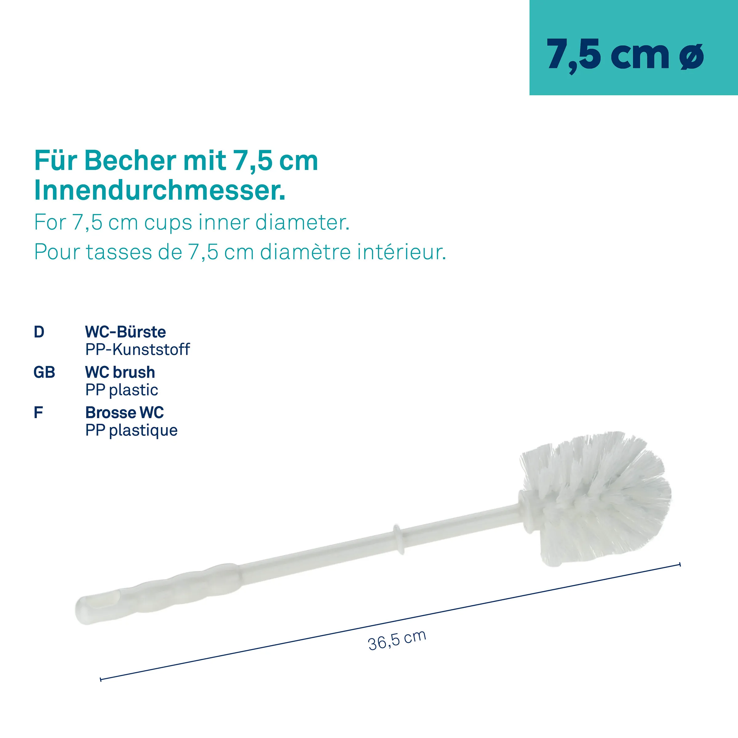 WC-Bürste PP-Kunststoff 7,5 cm Durchmesser Toilettenbürste WC-Bürste aus PP-Kunststoff, 36,5 cm lang, für Becher mit 7,5 cm Innendurchmesser
