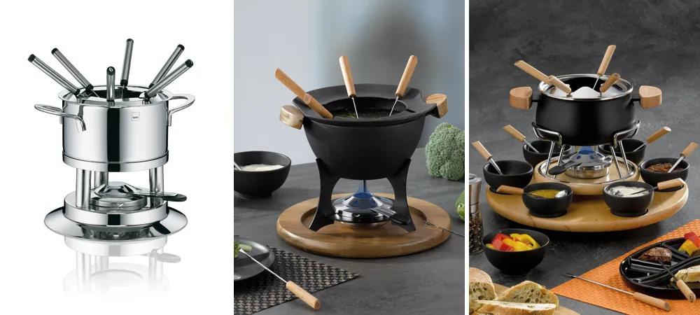 Fondue-Set Käsefondue Fleischfondue Schokoladenfondue Drei Fondue-Sets mit Metalltöpfen, Holzgriffen und Rechauds in verschiedenen Designs und Farben