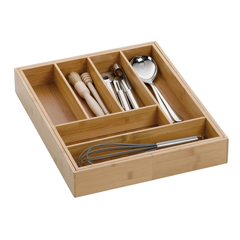 Besteckkasten Bambus Küchenorganizer Bambusholz Besteckkasten mit mehreren Fächern, gefüllt mit Küchenutensilien wie Löffeln, Pinseln und Bürsten