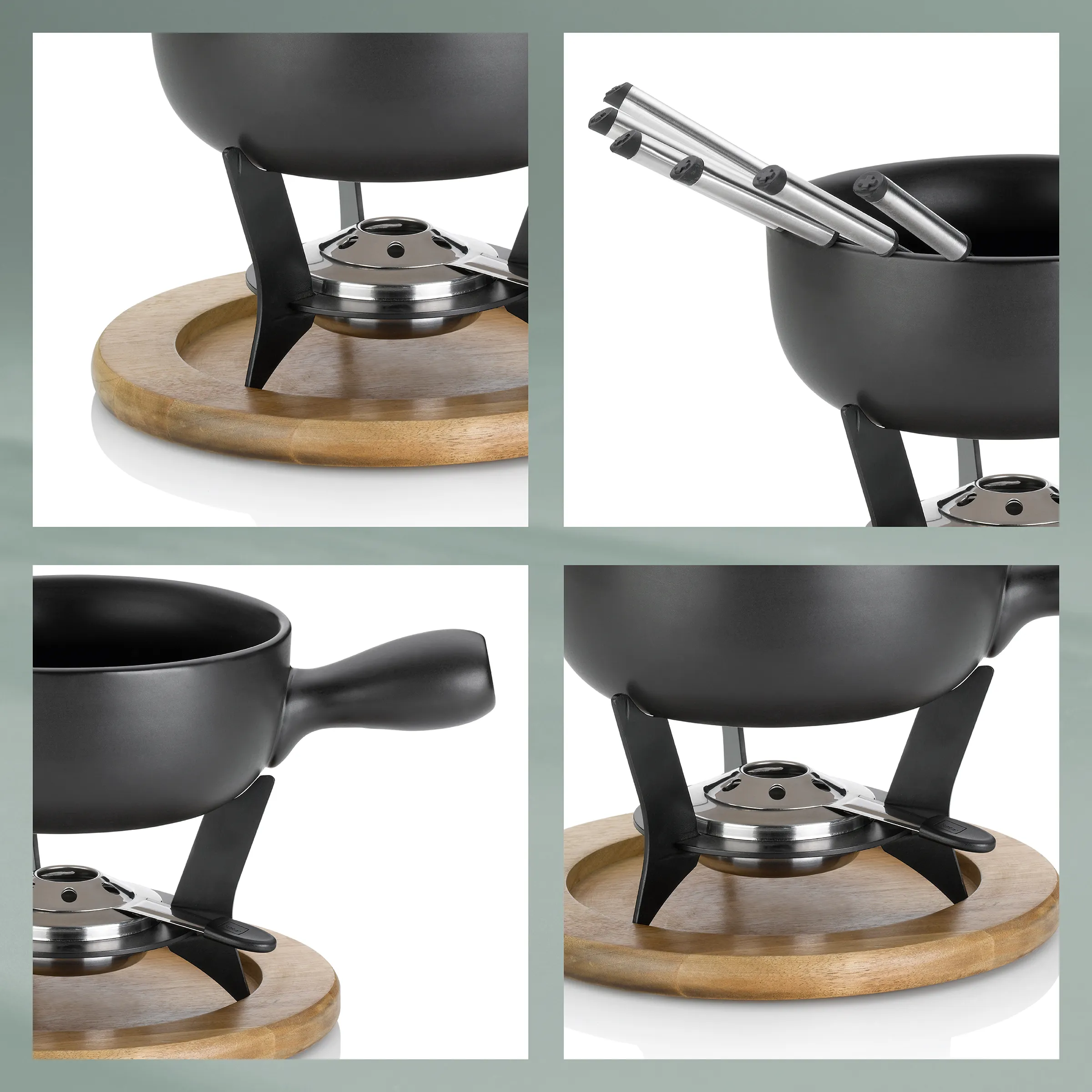 Fondue-Set mit Holzuntersetzer und Zubehör Schwarze Fondue-Set mit Holzständer, Gabelzubehör und Stövchen in verschiedenen Ansichten