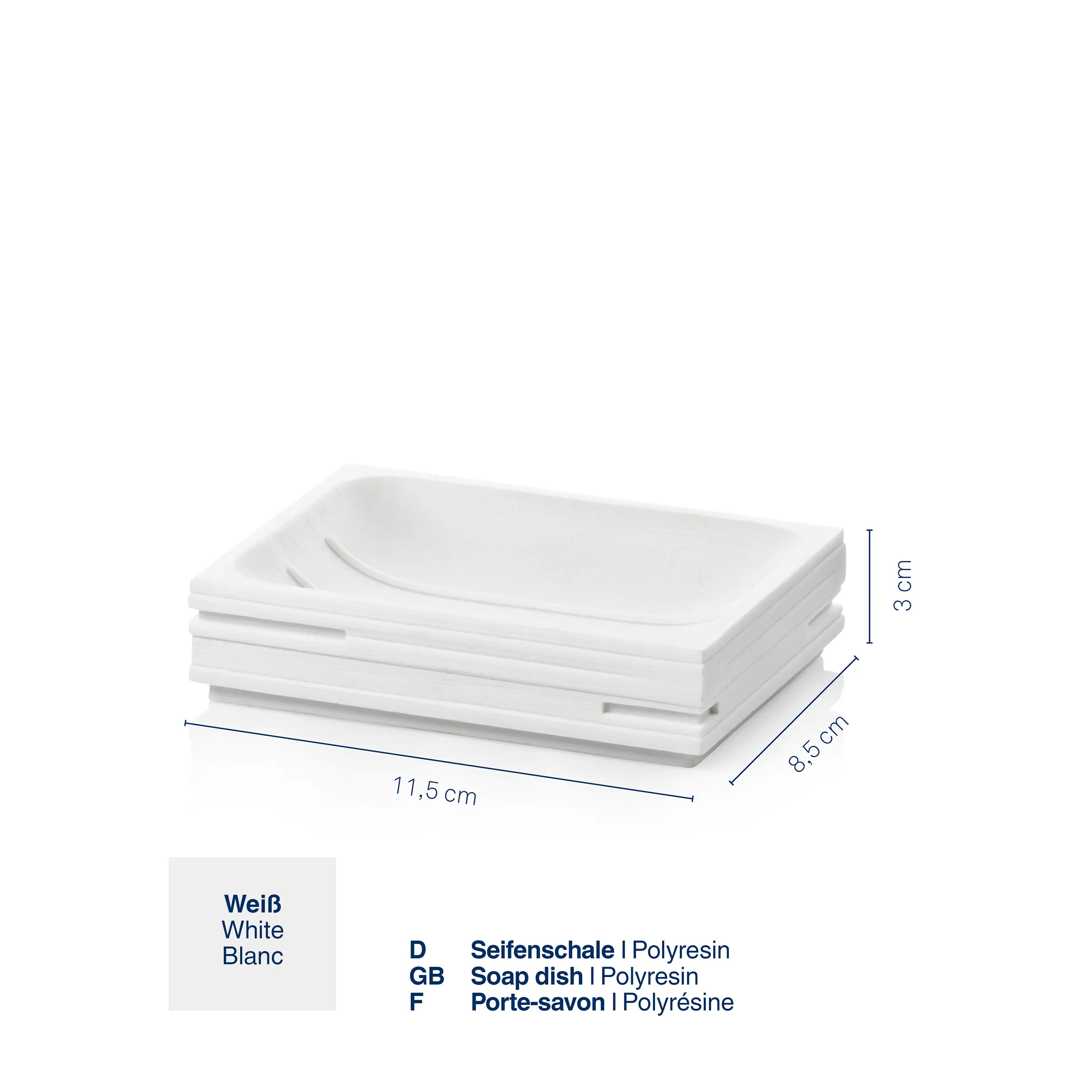 Seifenschale Weiß Polyresin - Badezimmer Seifenhalter 11,5 cm Weiße Polyresin-Seifenschale, 11,5 x 8,5 x 3 cm, mit Rillen-Design und Maßangaben