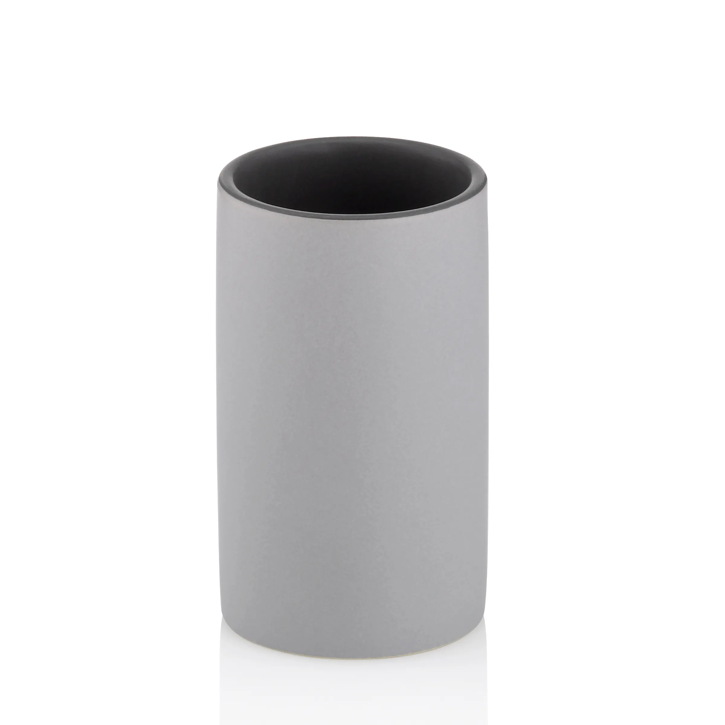Grauer Zylinder Behälter - modernes Design Grauer zylindrischer Behälter mit schwarzem Inneren, isoliert auf weißem Hintergrund.