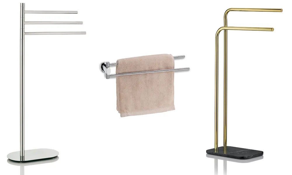 Handtuchhalter Ständer und Wandmontage - moderne Badezimmeraccessoires Drei moderne Handtuchhalter: silberner Ständer mit Stangen, Wandmontage mit Rollen und goldener Ständer mit schwarzer Base