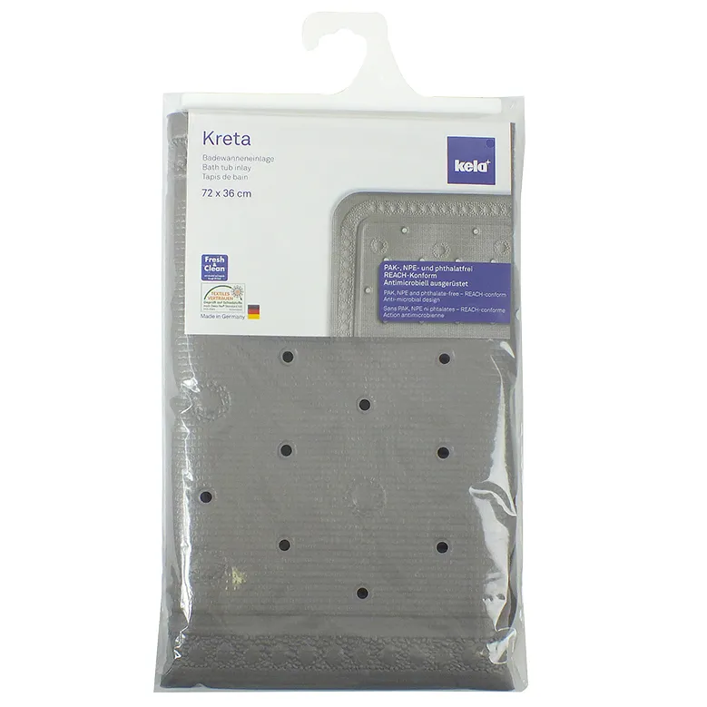 Kela Kreta Badewannenmatte Grau 72x36cm - Rutschfest mit Antimikrobieller Beschichtung Kela Kreta Badewannenmatte in Grau, 72x36 cm, mit Saugnäpfen und antimikrobieller Ausstattung, verpackt