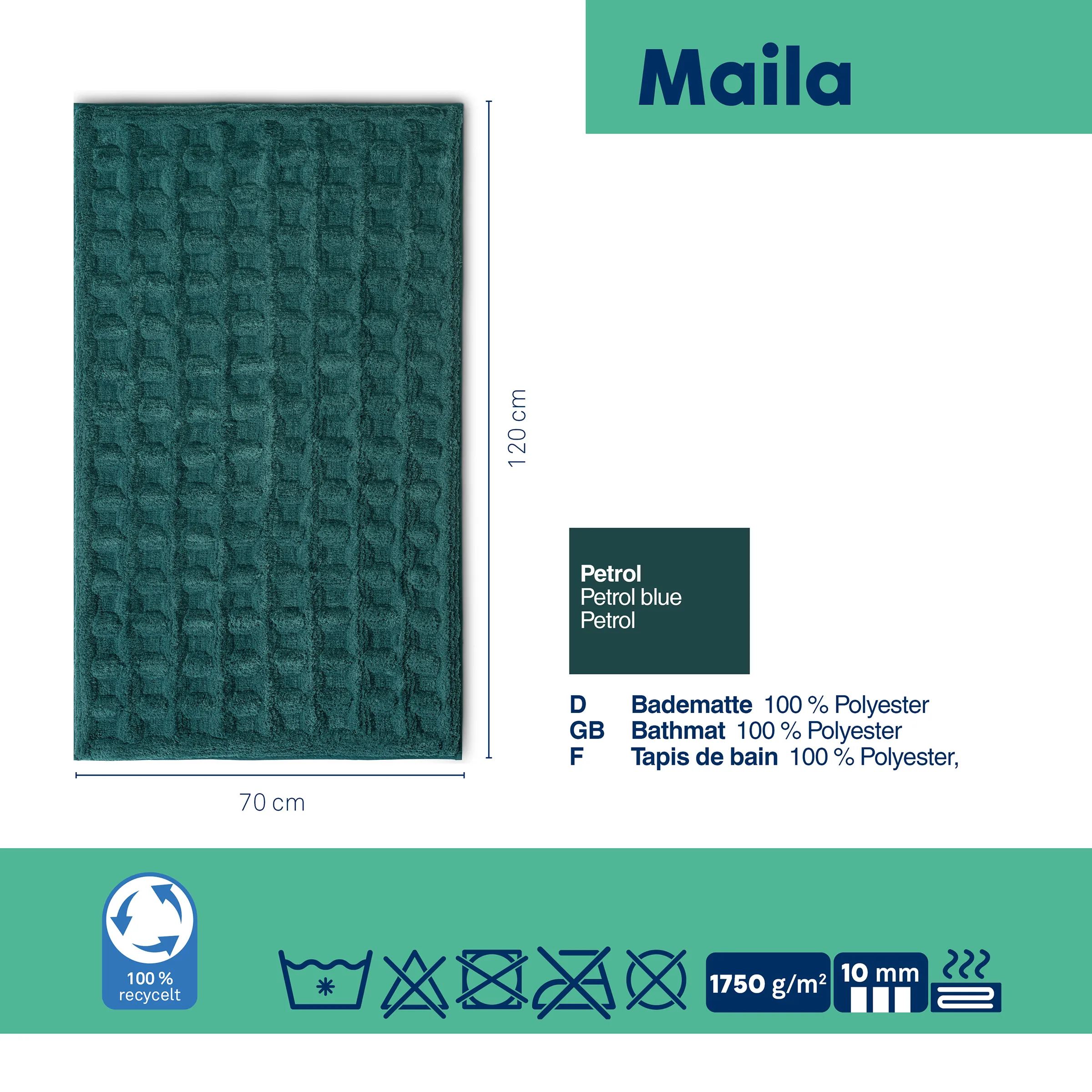 Maila Badematte Petrol 70x120 cm | 100% Polyester Petrol-blaue Badematte Maila aus 100% Polyester, 70x120 cm, strukturiertes Muster, Draufsicht mit Größenangaben