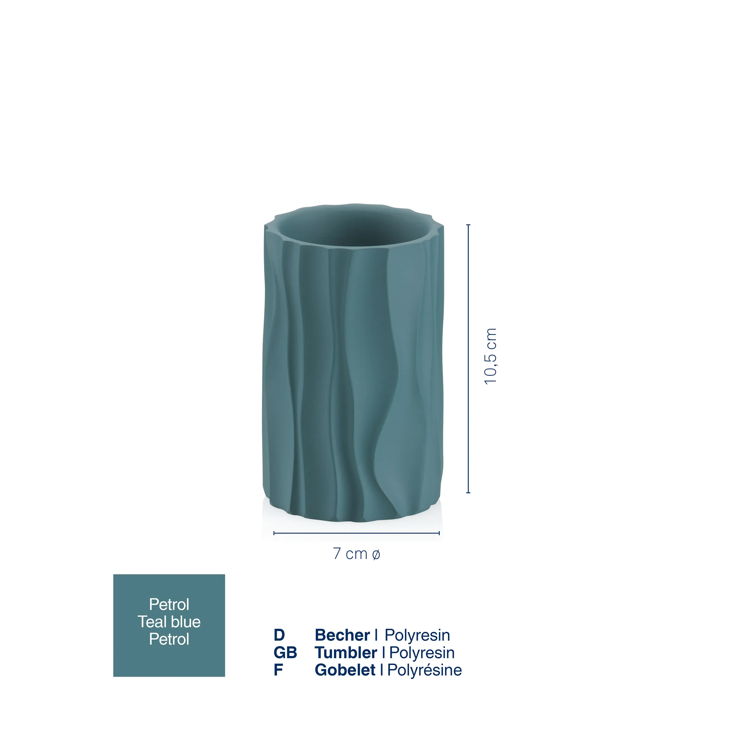Petrol Becher Polyresin mit Spiralstruktur - Badezimmer Zahnputzbecher 10,5 cm Petrol-blauer Becher aus Polyresin mit spiralförmiger Rillenstruktur, 10,5 cm hoch, 7 cm Durchmesser