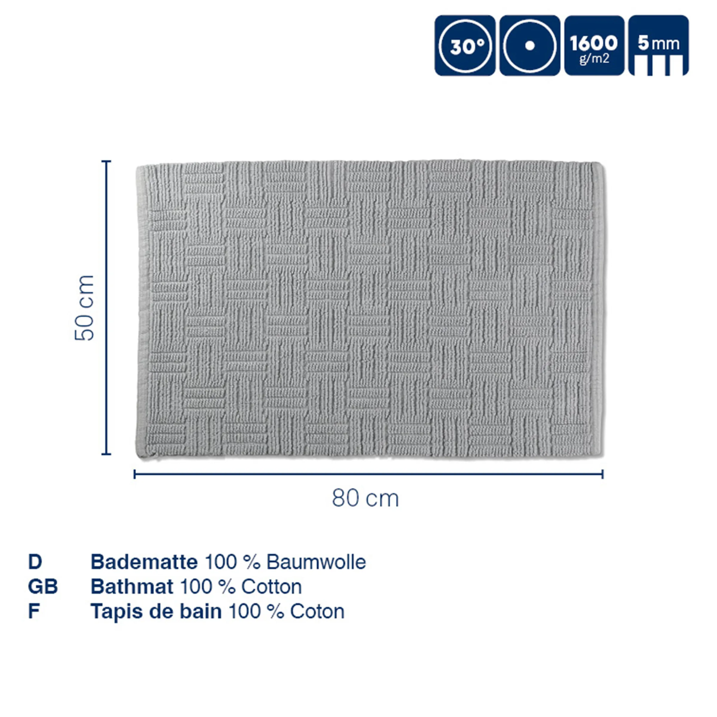 Graue Badematte 80x50cm aus 100% Baumwolle mit strukturiertem Muster und 5mm Höhe