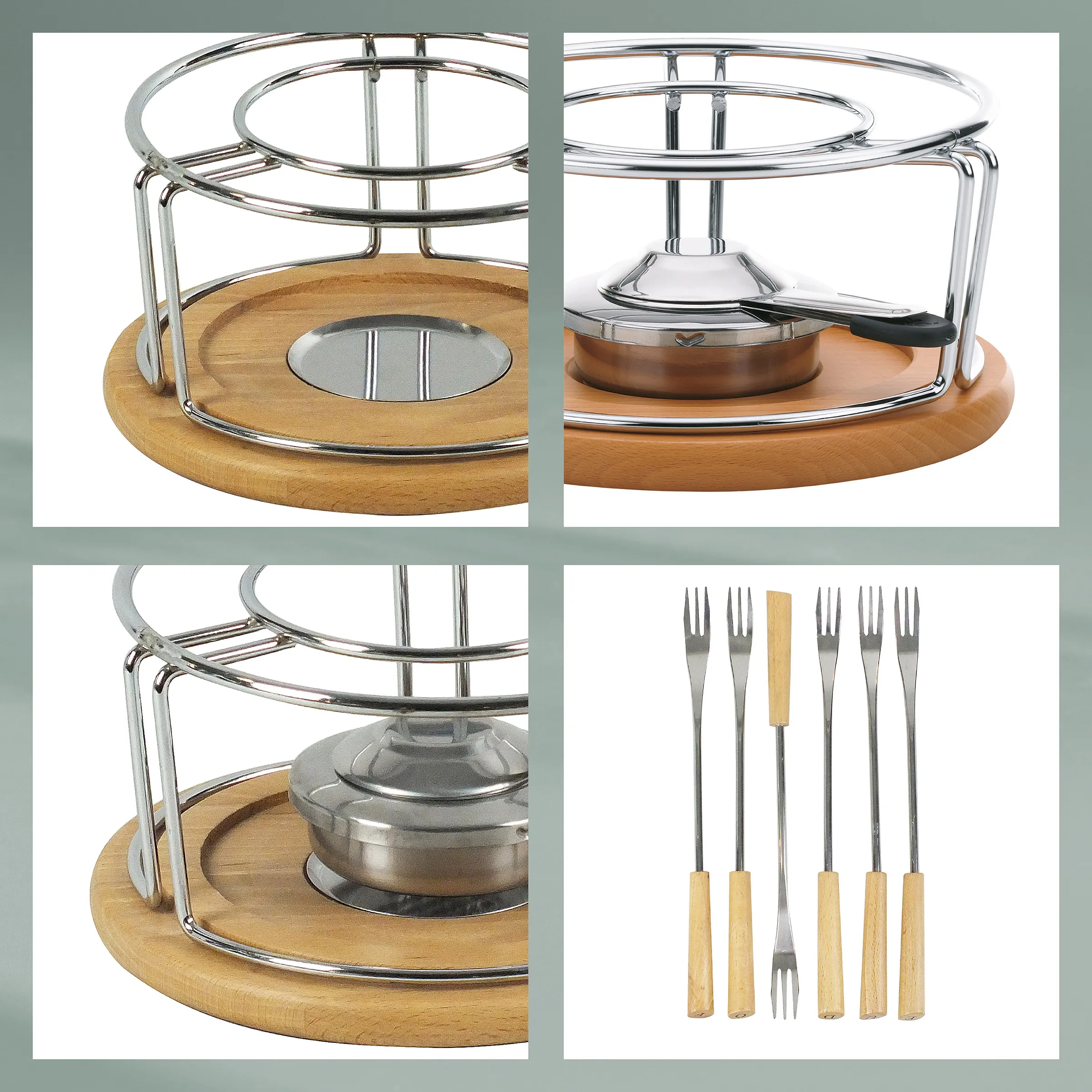Fondue-Set mit Holzständer und Gabelbesteck Fondue-Set mit Holzständer, Stahlschüssel, Chromgestell und sechs Holzgabeln in verschiedenen Blickwinkeln.