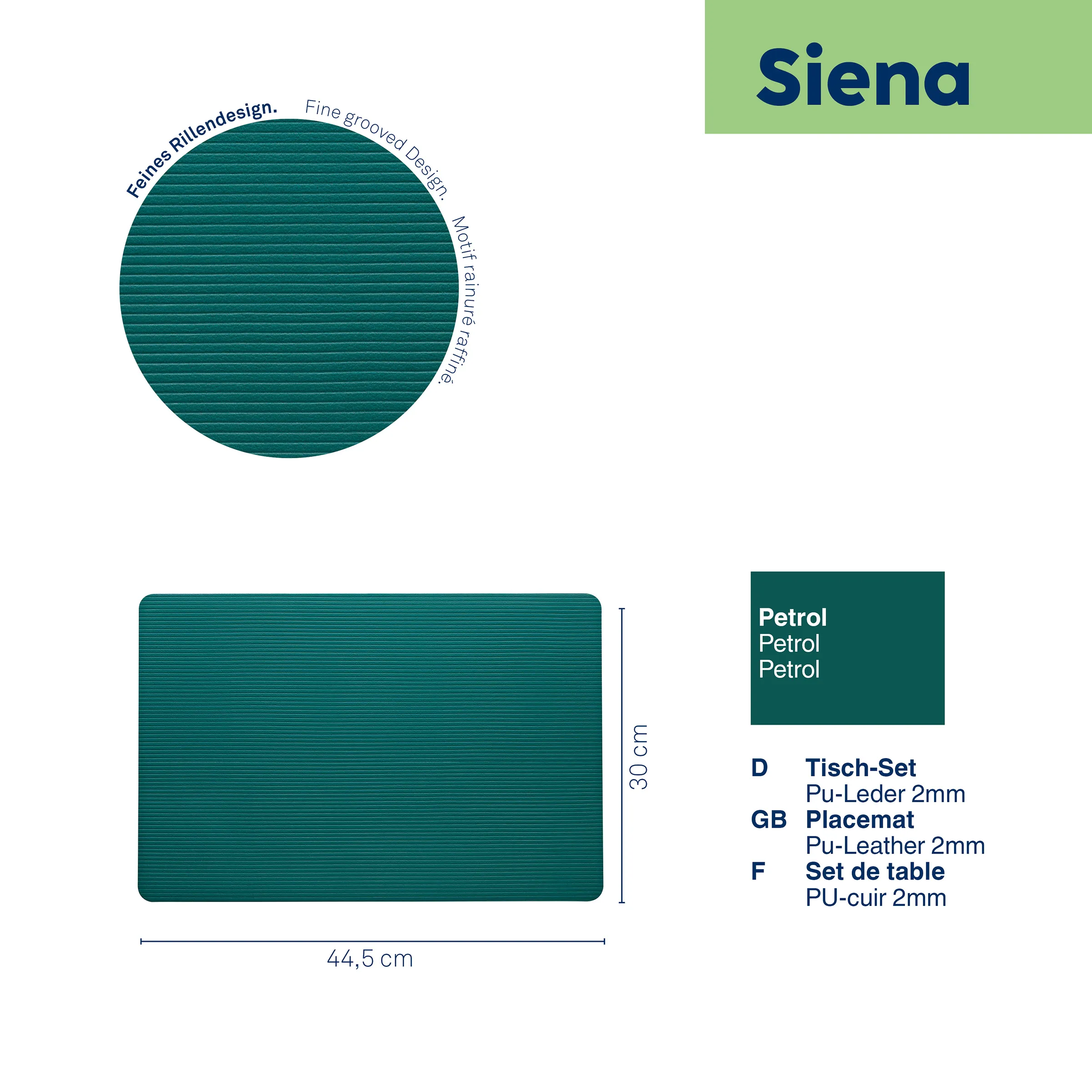 Siena Placemat Tisch-Set Petrol Pu-Leder Siena Tisch-Set in Petrol mit gerilltem Design, 44,5 cm breit und 30 cm hoch, aus Pu-Leder 2mm