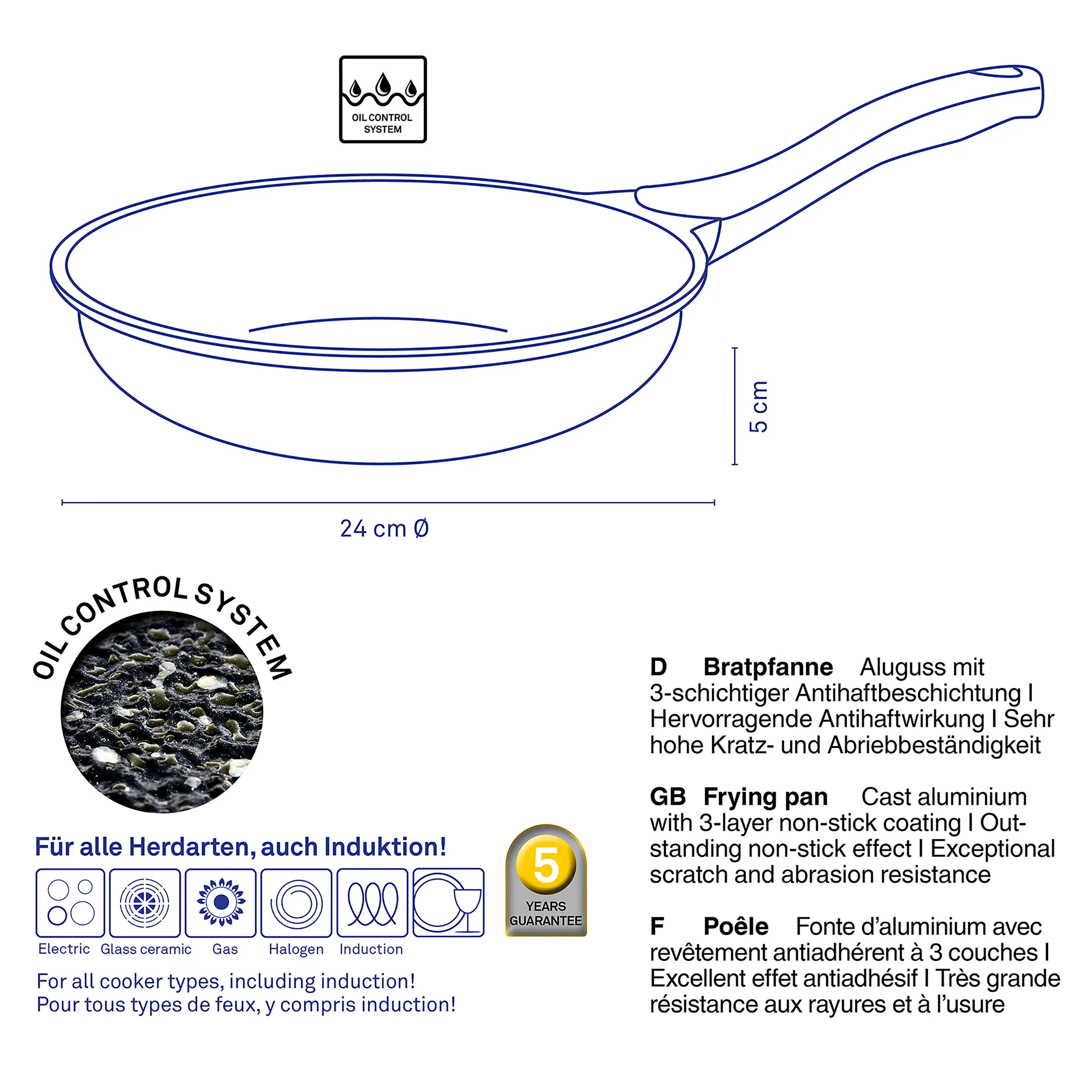 Bratpfanne Aluguss mit Antihaftbeschichtung und Ölkontrollsystem Bratpfanne 24 cm Durchmesser mit Ölkontrollsystem, 5 cm Höhe, geeignet für alle Herdarten inklusive Induktion