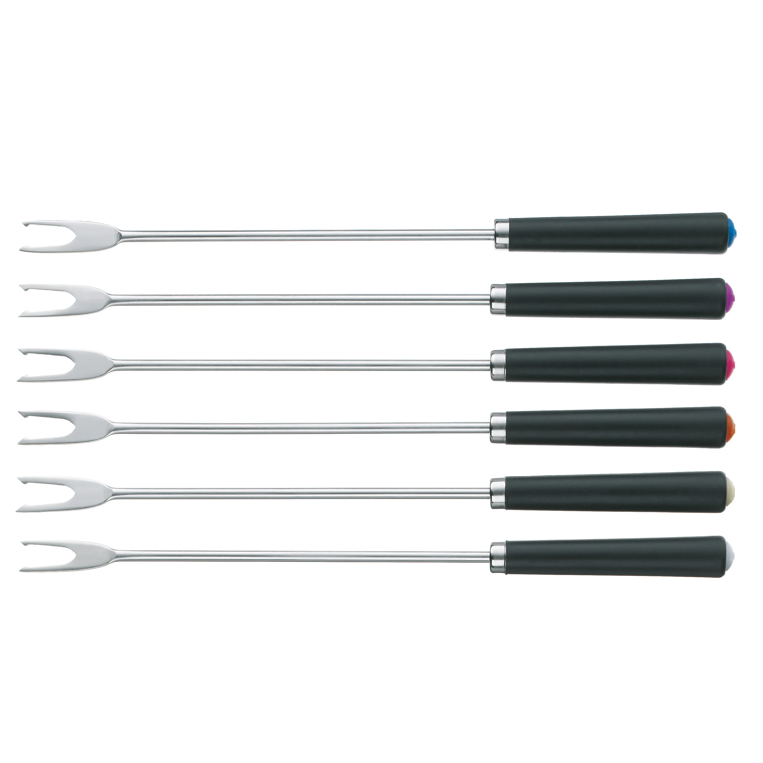Grillgabel Set mit Farbkodierung Set von sechs Grillgabeln mit schwarzen Griffen und farbigen Enden in Blau, Magenta, Pink, Orange und Grau