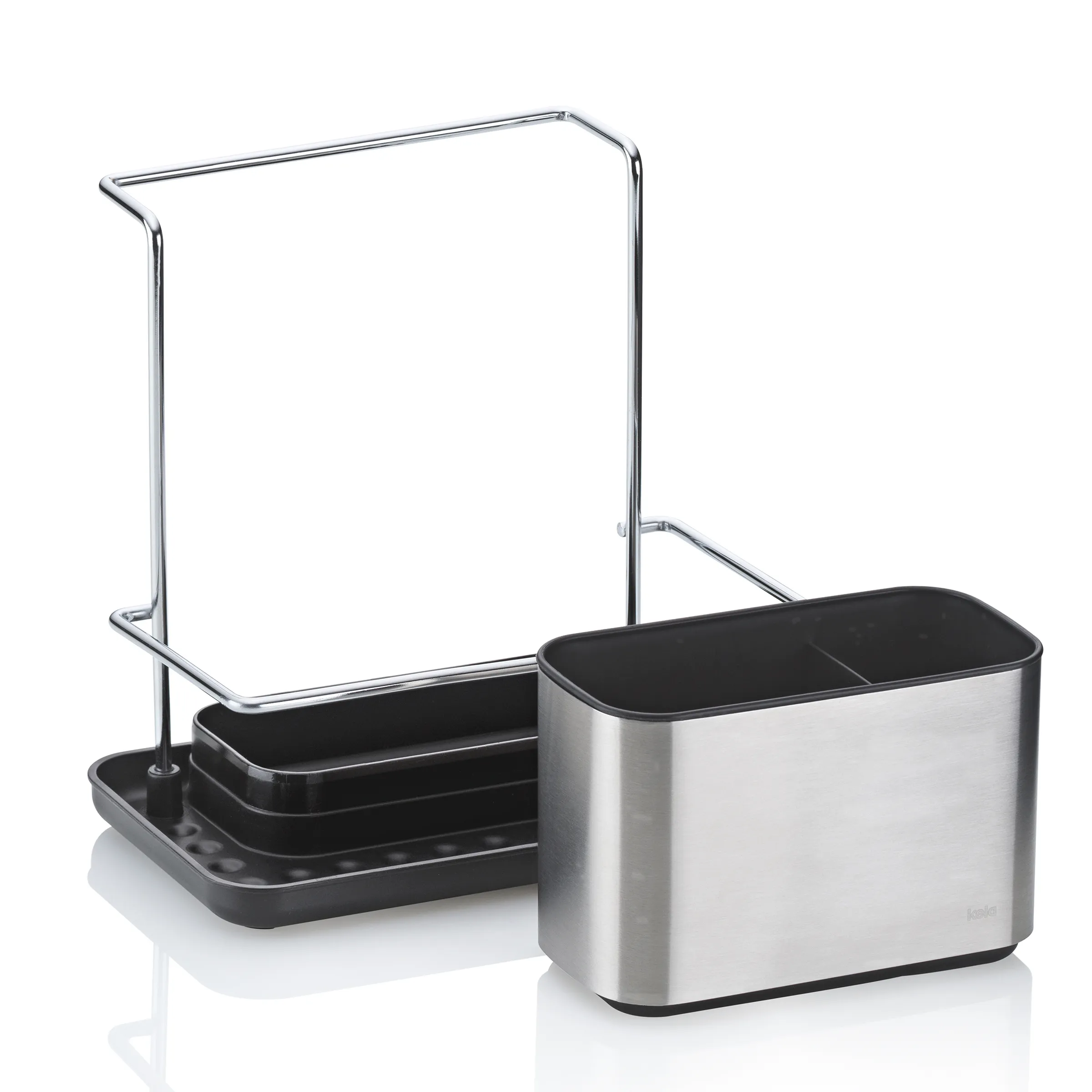 Küchenorganizer Set Edelstahl Papierhalter und Abfallbox Modernes Küchenorganizer-Set mit silberner Abfallbox, schwarzem Köcher und verchromtem Papierhalter-Ständer