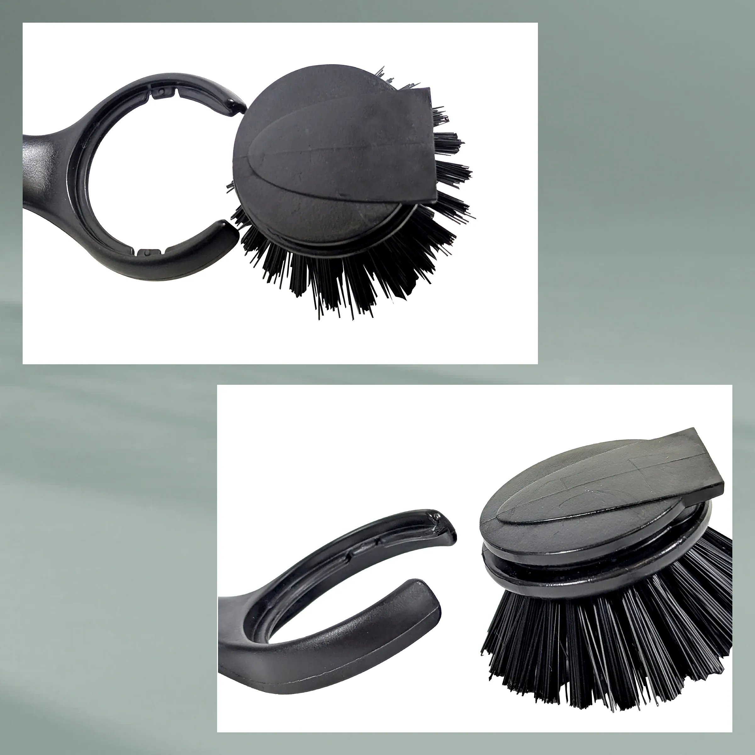 Reinigungsbürste mit Rundbürste und Ringgriff - Schwarze Spülbürste Schwarze Reinigungsbürste mit rundem Bürstenkopf und gebogenem Griff mit Ringhalterung, Detailansicht