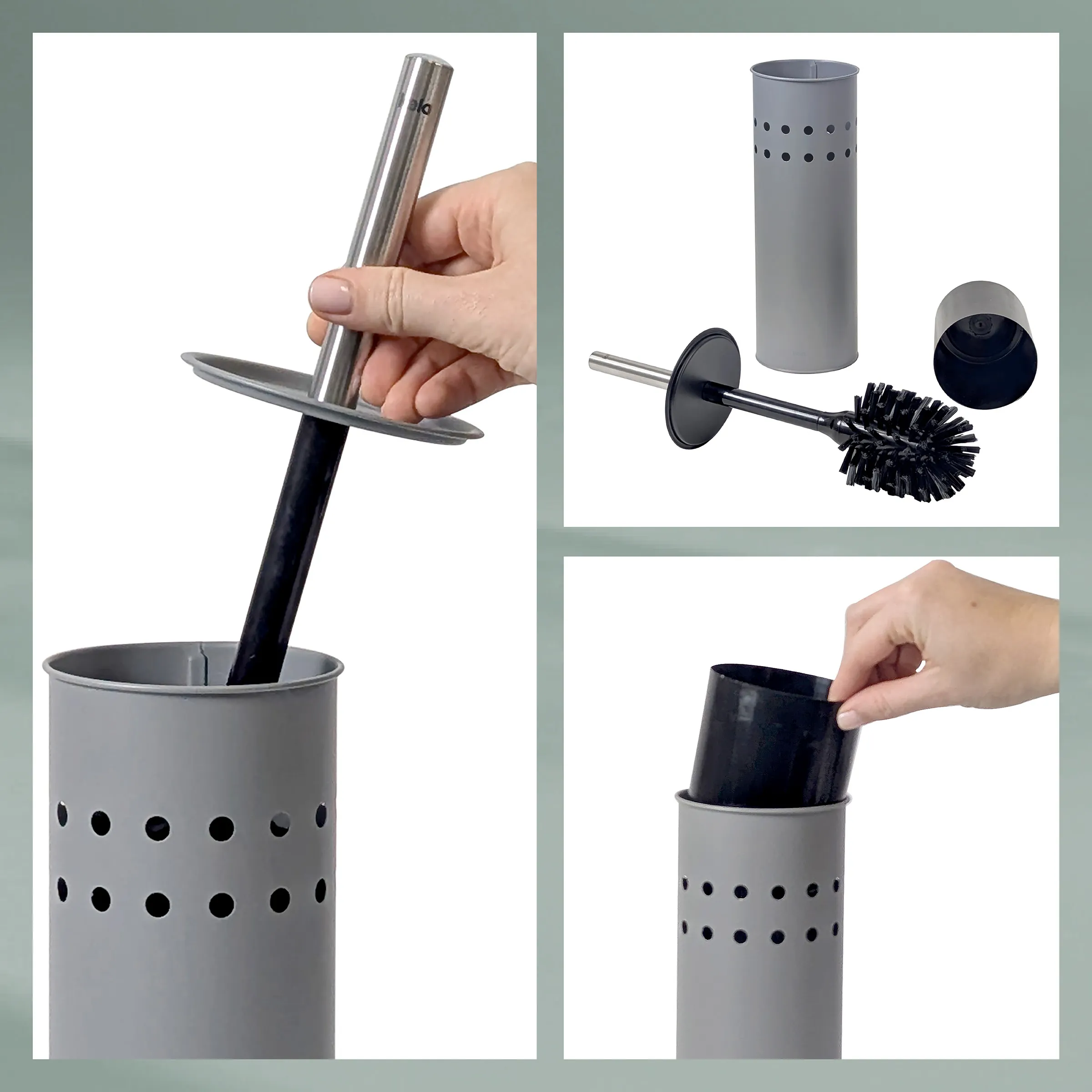 Toilettenbürsten-Set mit Behälter und Zubehör Toilettenbürsten-Set mit grauem Behälter, schwarzer Bürste, Deckel und Reinigungsbürste in verschiedenen Anwendungsszenen