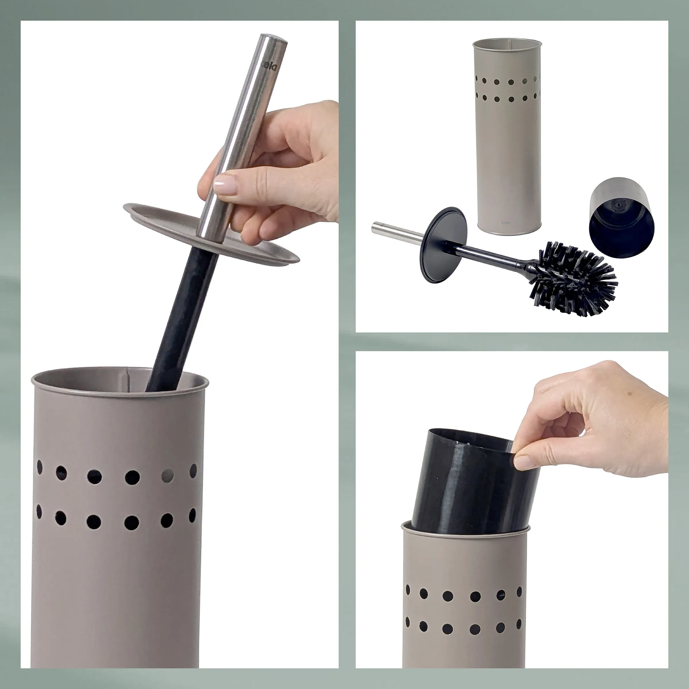 Toilettenbürste mit Halter in Grau und Schwarz, dreiteilige Produktansicht zeigt Aufbau und Details