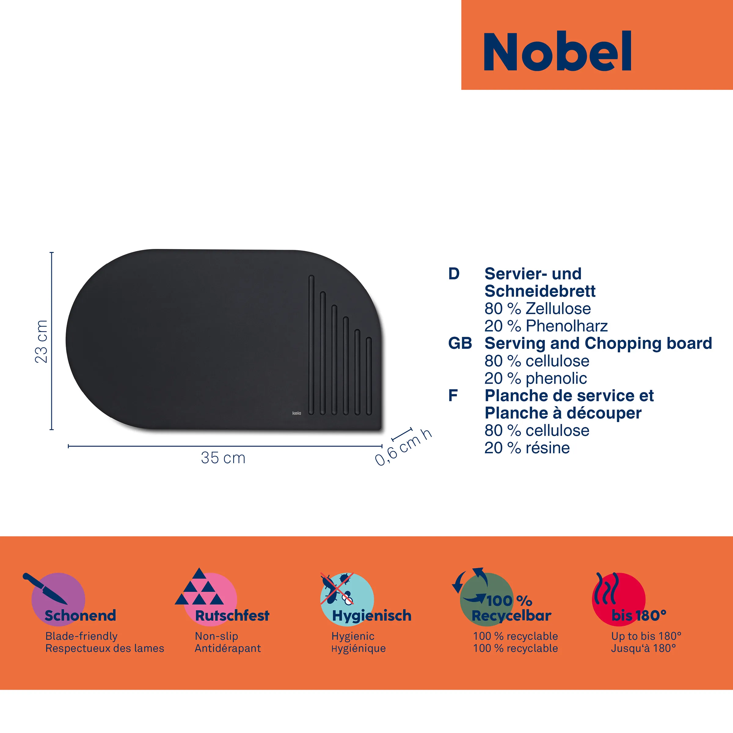 Nobel Schneidebrett Kunststoff Servierbrett Nobel Servier- und Schneidebrett aus Kunststoff, 35 cm lang, schwarz mit Rillen, Materialmix aus Zellulose und Phenolharz