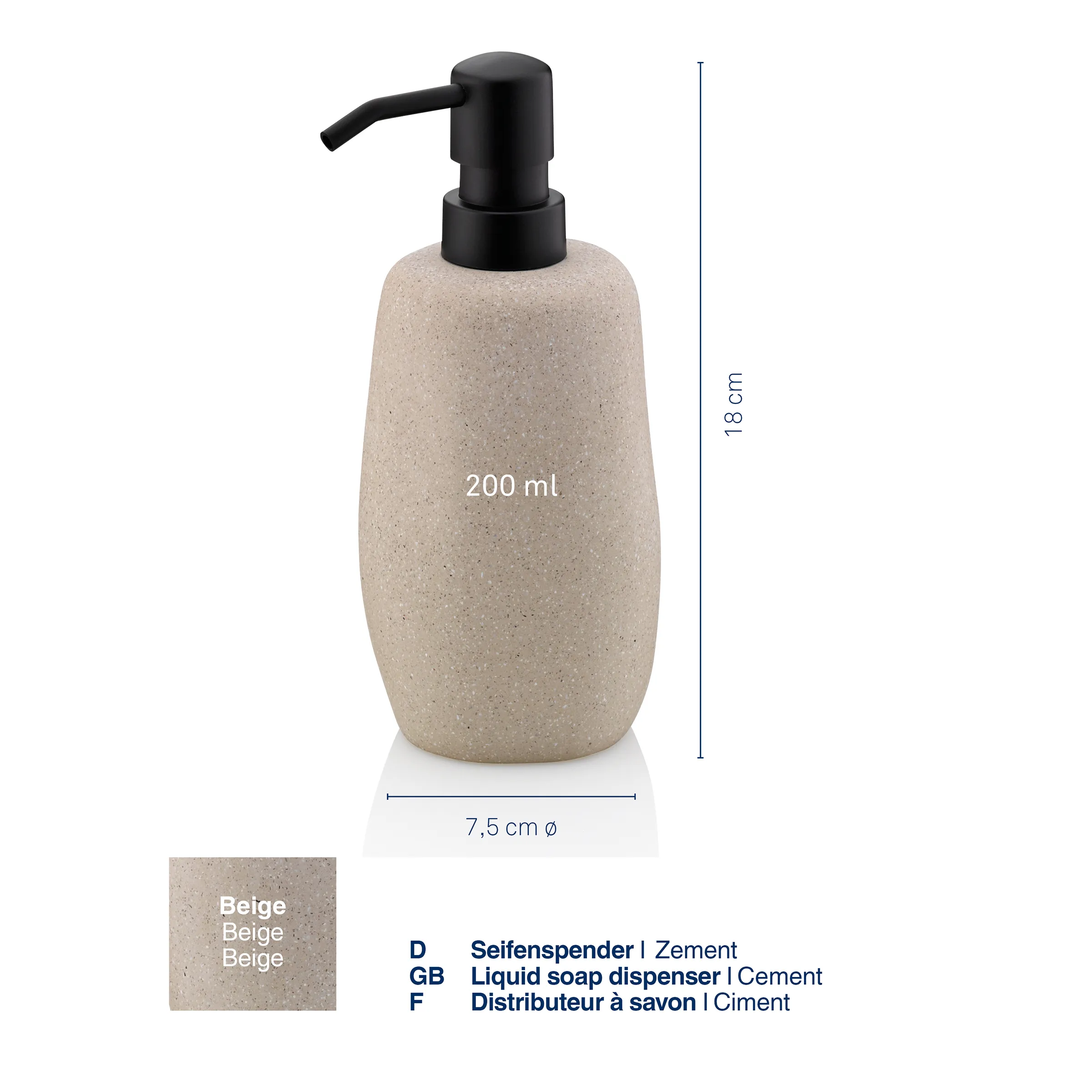 Seifenspender Zement Beige - Flüssigseife Dispenser Beiger Zement-Seifenspender mit schwarzer Pumpe, 200 ml Inhalt, 18 cm Höhe und 7,5 cm Durchmesser