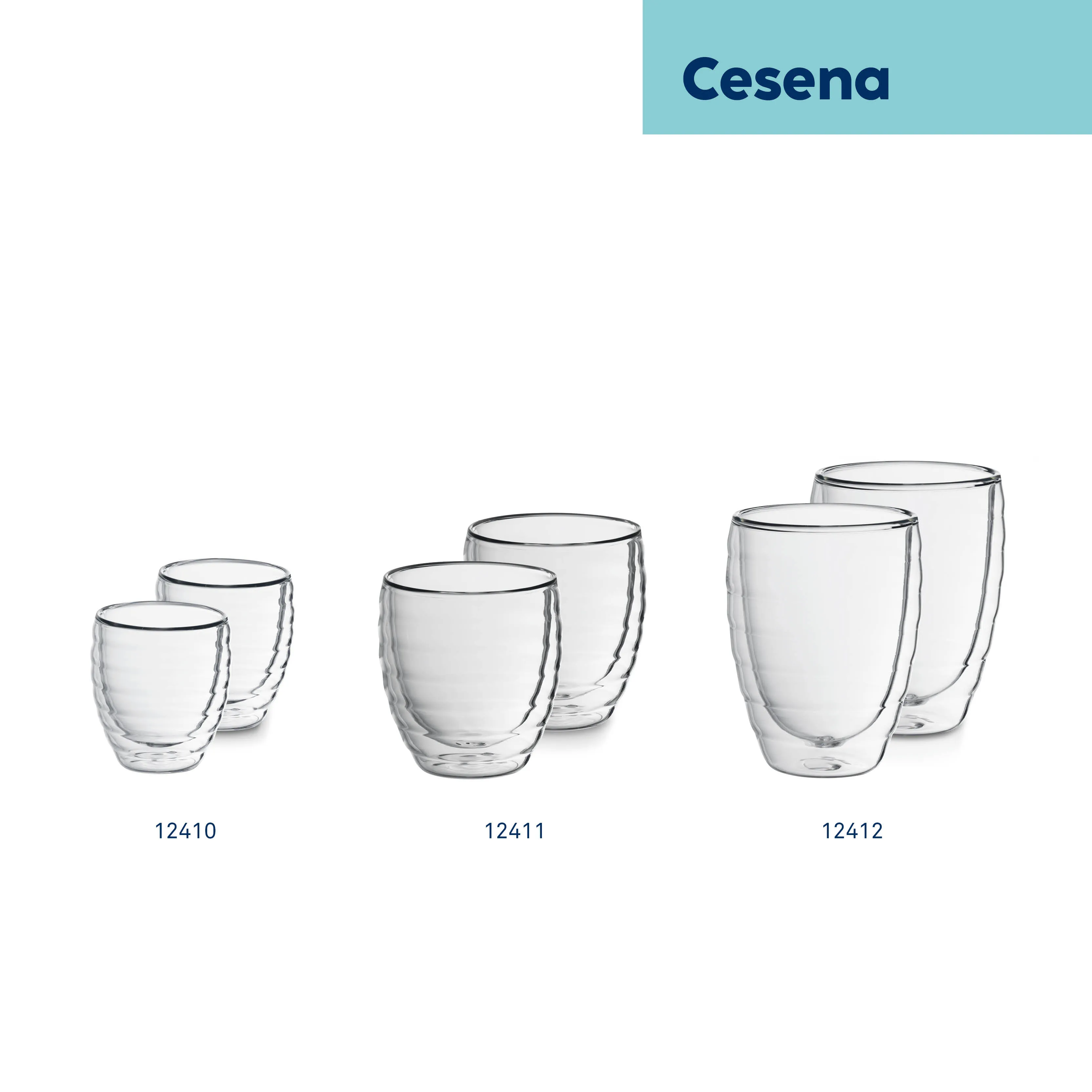 Cesena doppelwandige Gläser - Premium Trinkgläser Set Cesena Kollektion: Drei Größen doppelwandiger Gläser (12410, 12411, 12412) in Reihen angeordnet