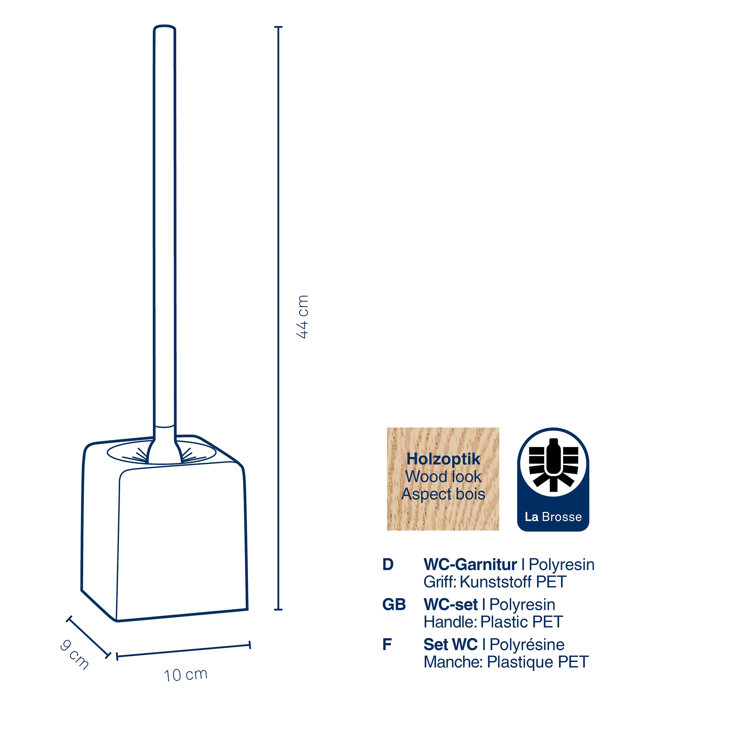 Toilettenbürste La Brosse mit Holzoptik, 44 cm Höhe, 10x9 cm Behälter, Polyresin-Garnitur